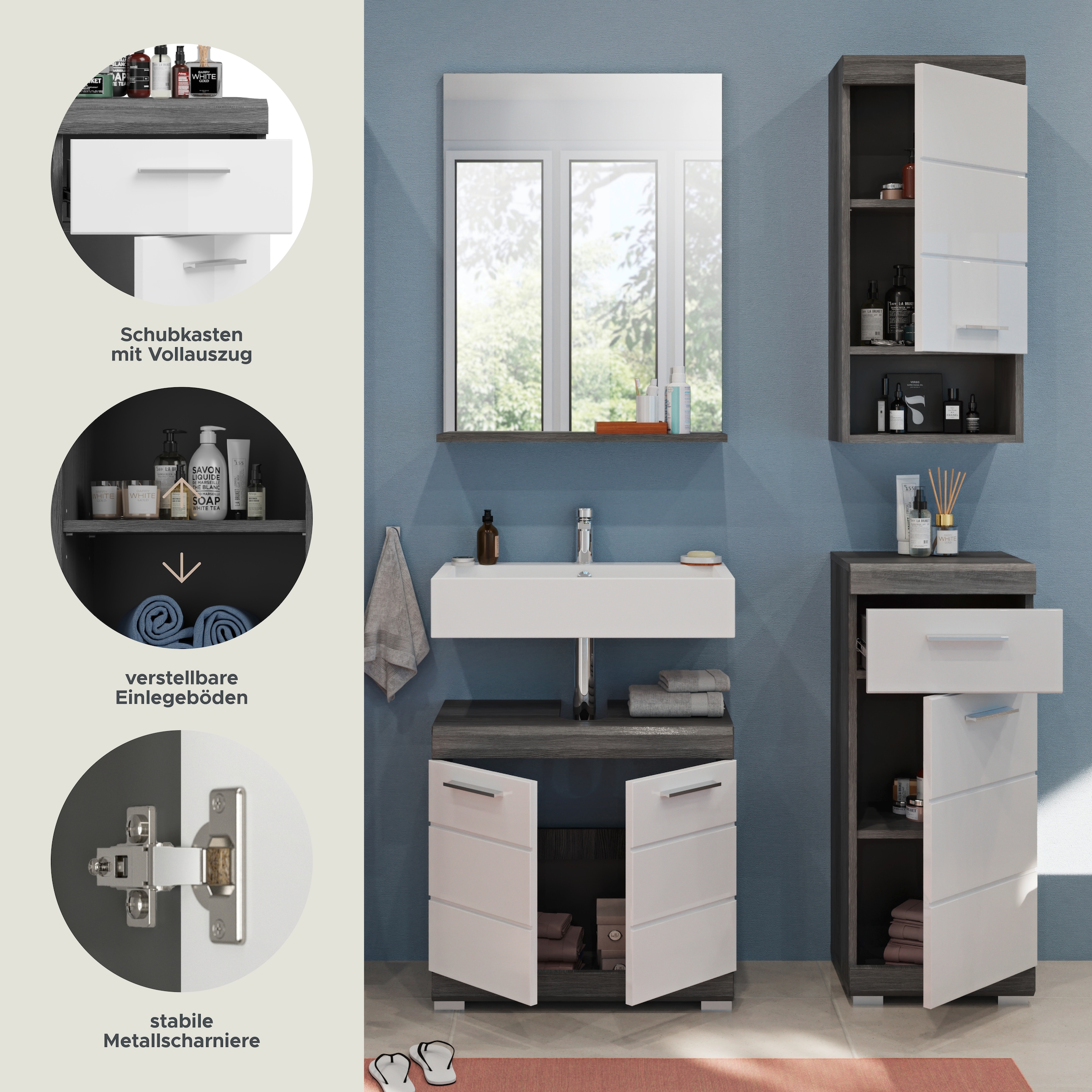 INOSIGN Badmöbel-Set »Siena, 4 teilig, bestehend aus:«, (Set, 4 St.), Waschbeckenunterschrank, Spiegel, Unterschrank, Hängeschrank