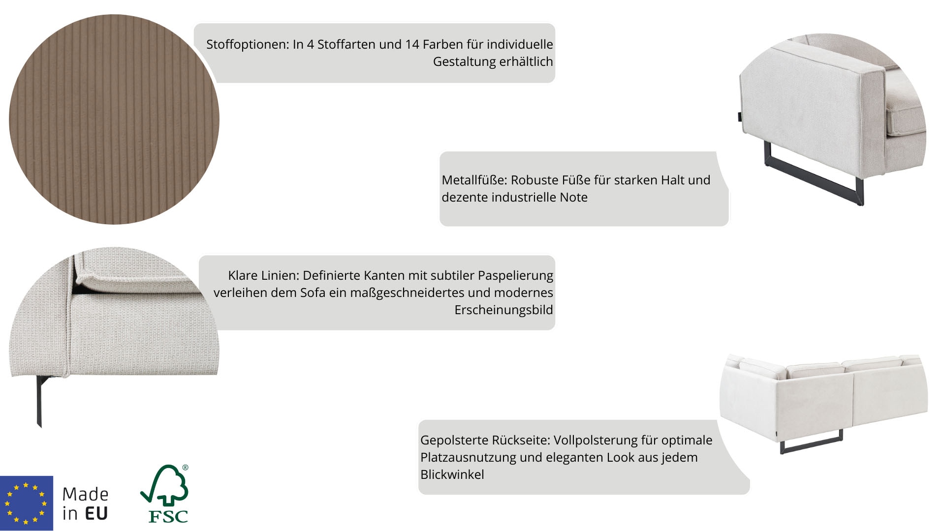 Home affaire Ecksofa »Pinto, XXL, 250/290 cm, langer Schenkel, Ottomane« Cord, Chenille, Lederoptik, mit Keder, Metallfüße, Wellenunterfederung