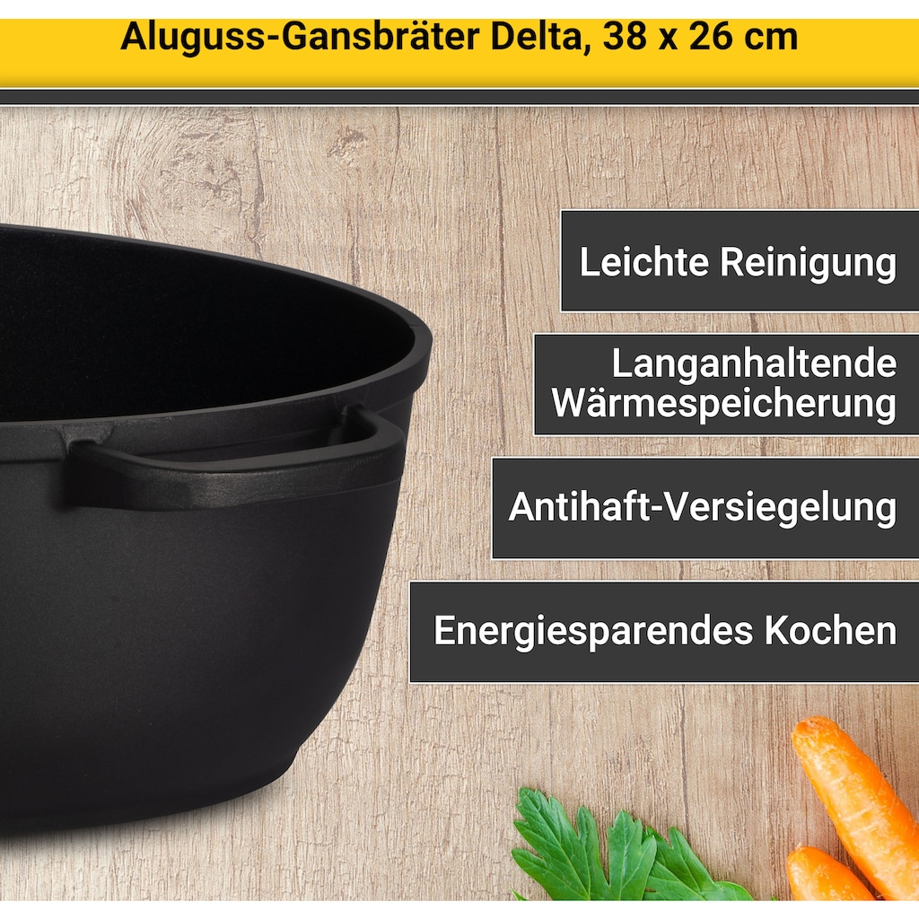 Krüger Bräter »Aluguss Gansbräter mit Glasdeckel und Aromaknopf DELTA, 38x26x13 cm«, Aluminiumguss, (1 tlg.)