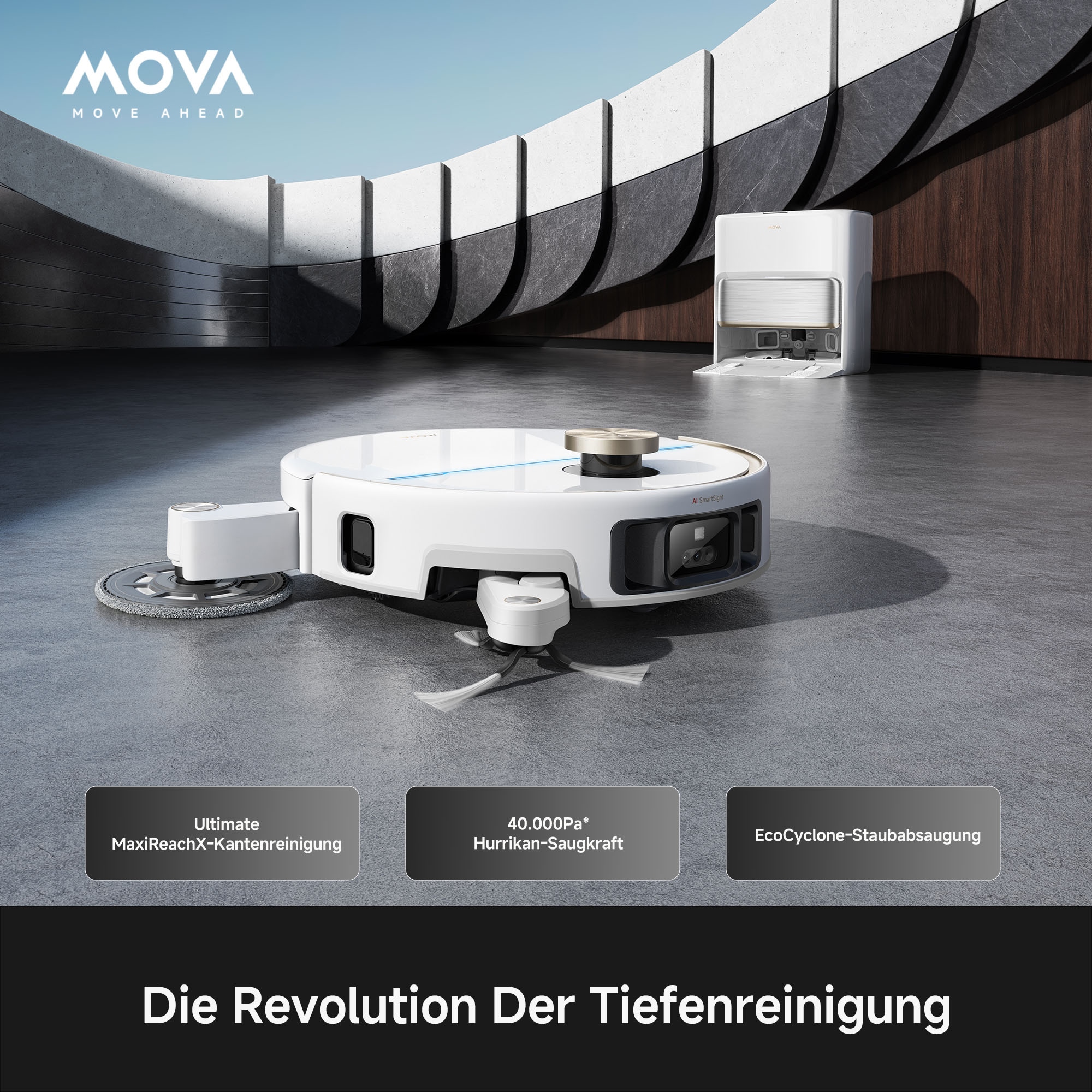 Mova Saugroboter »V70 Ultra Complete, MaxiReachX-Doppelverlängerung« 40.000 Pa Saugkraft, 15N Abwärtsdruck & 300 U/min Wischen