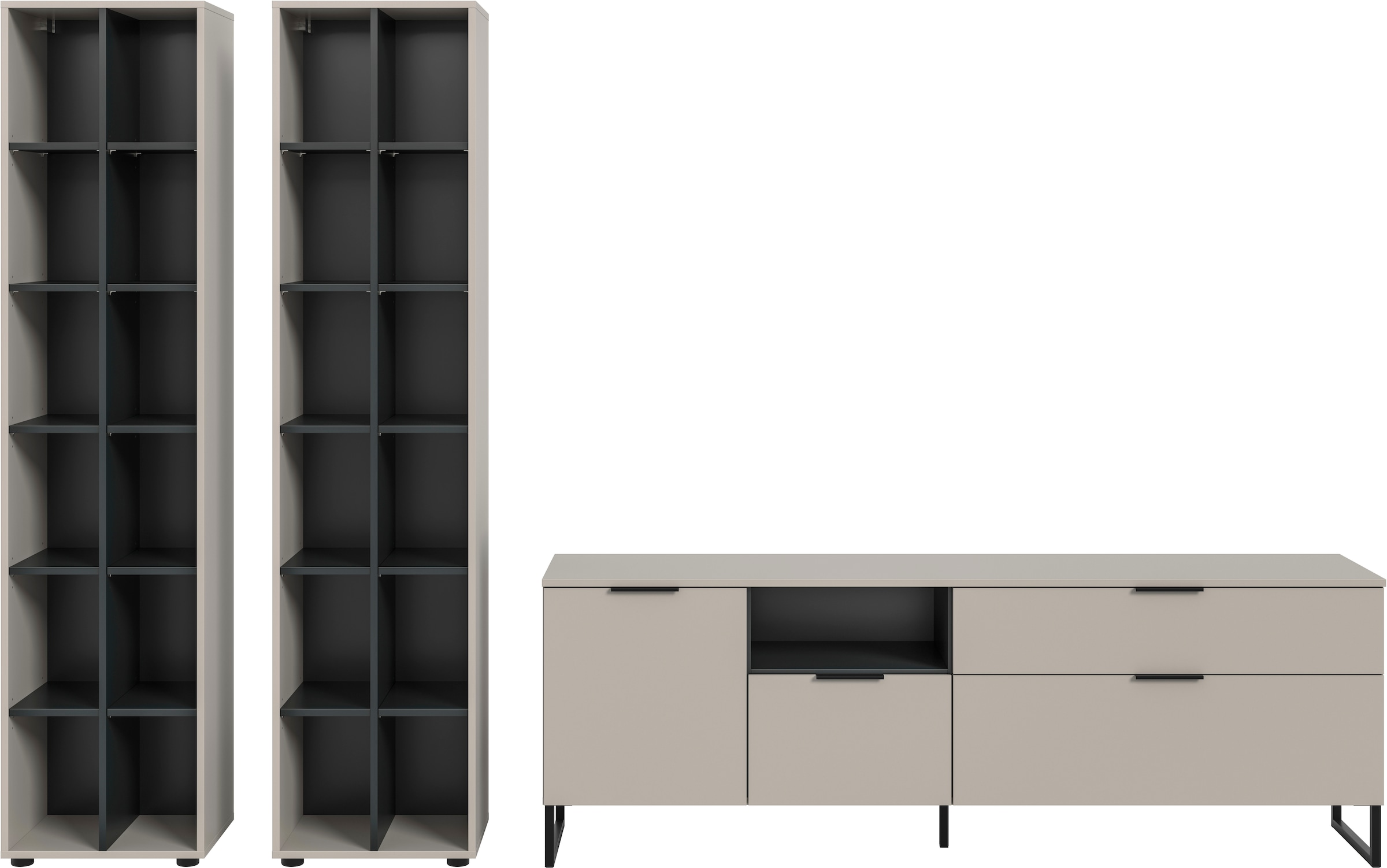 INOSIGN Wohnwand »Adio, Wohnkombination, 305 cm Breit«, (Set, 3 St.), Adio, Wohnkombination 3tlg. Kashmir NB, 2 Stauraumregale. TV Lowboard