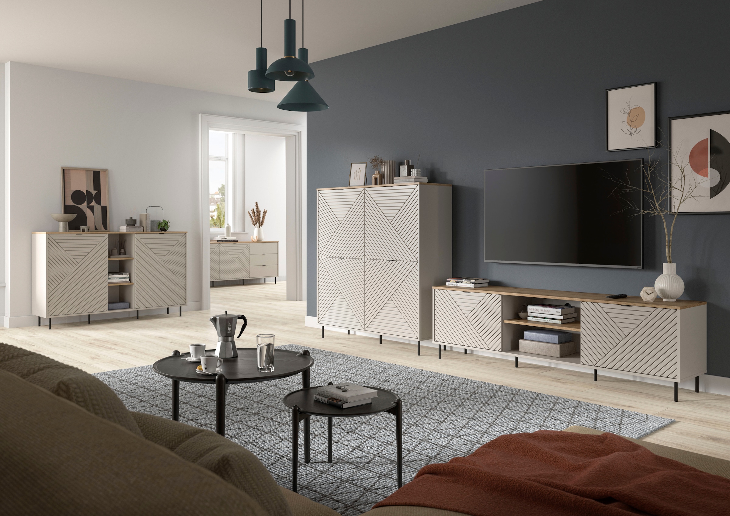 Home affaire Sideboard »RAITA, Breite 184 cm, Front mit Desgin-Fräsung, 2 Türen, viel Stauraum« moderne Farbkombi, individuell einsetzbar, Griffe & Füße aus Metall,  Kommode, Anrichte, Schrank, Highboard, TV-Board