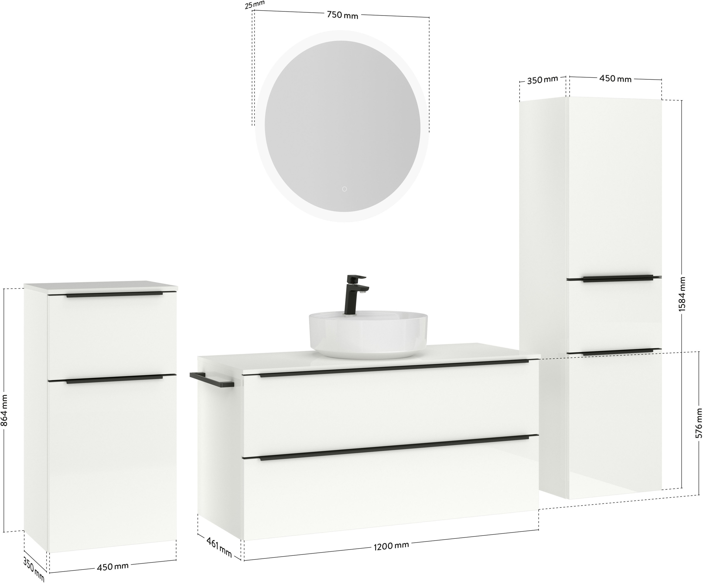 nobilia® Badmöbel-Set »Alvene«, (4 St., vormontiert, mit Soft-Close), Hochglanz, inkl. Spiegel mit Touch-Sensor, in vier Breiten