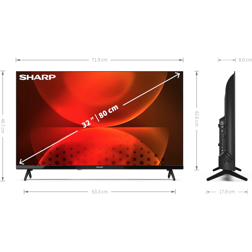 Sharp LED-Fernseher »SHARP 32FH2EA HD Ready Frameless Android TV 80cm (32 Zoll), 3X HDMI«, 80 cm/32 Zoll, HD-ready, Android TV-Smart-TV, Frameless Android TV, 3X HDMI