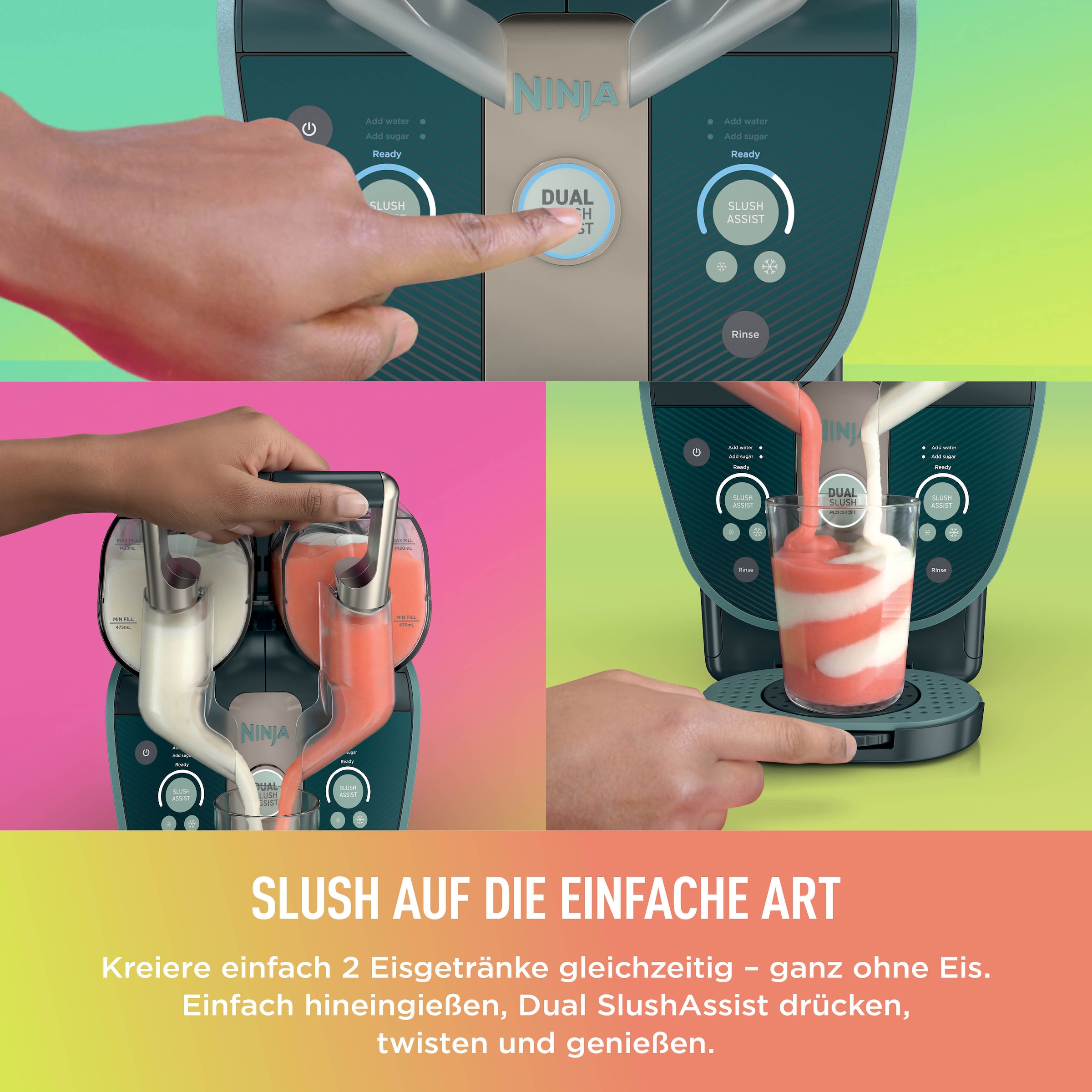 NINJA Slush-Eismaschine »SLUSHi Twist, 2-in-1 SLUSHi Maschine, Dual-SlushAssist-Technologie« 1,42 l 500 W 2 Behälter für gleichzeitige Zubereitung von zwei Geschmacksrichtungen