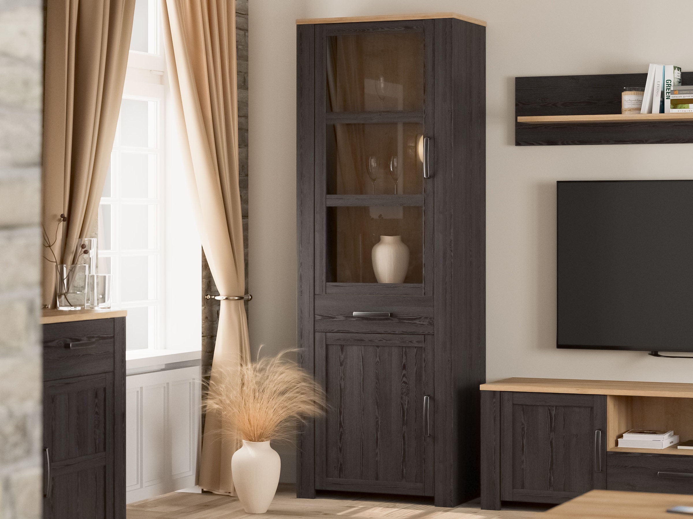 FORTE Highboard »Bohol, Vitrine, 1 Glastüre,1 SK, 1 Türe« B/H/T 71,7/205,4/42 cm Beleuchtung optional bestellbar