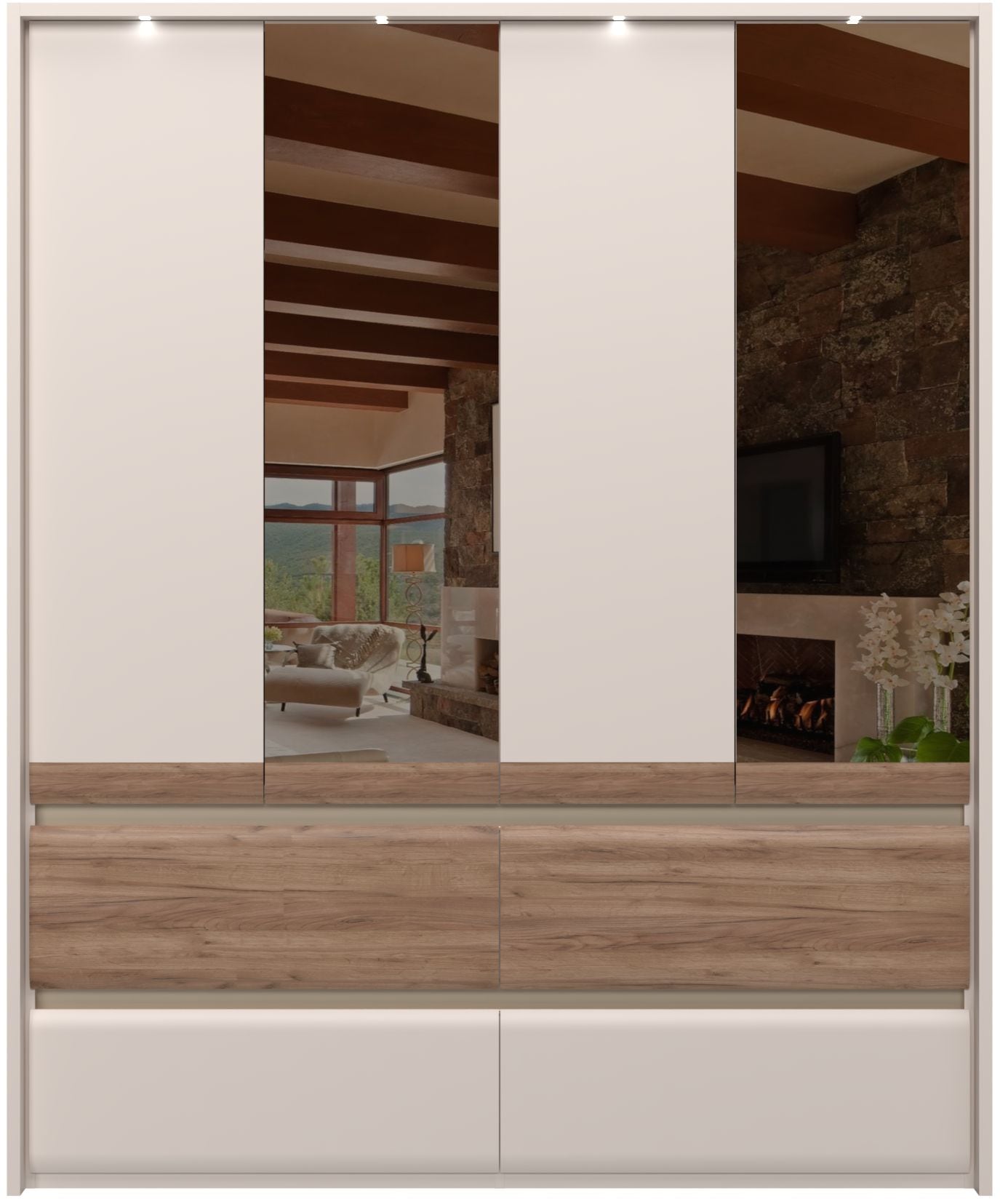 Places of Style Kleiderschrank »Invictus, UV lackiert, FSC-zertifiziert, grifflose Optik«, (abgerundete Schubladen aus MDF im Holzdekor, soft-close), mit Beleuchtung und Spiegel, in 4 Breiten, hoher Schrank (226cm)