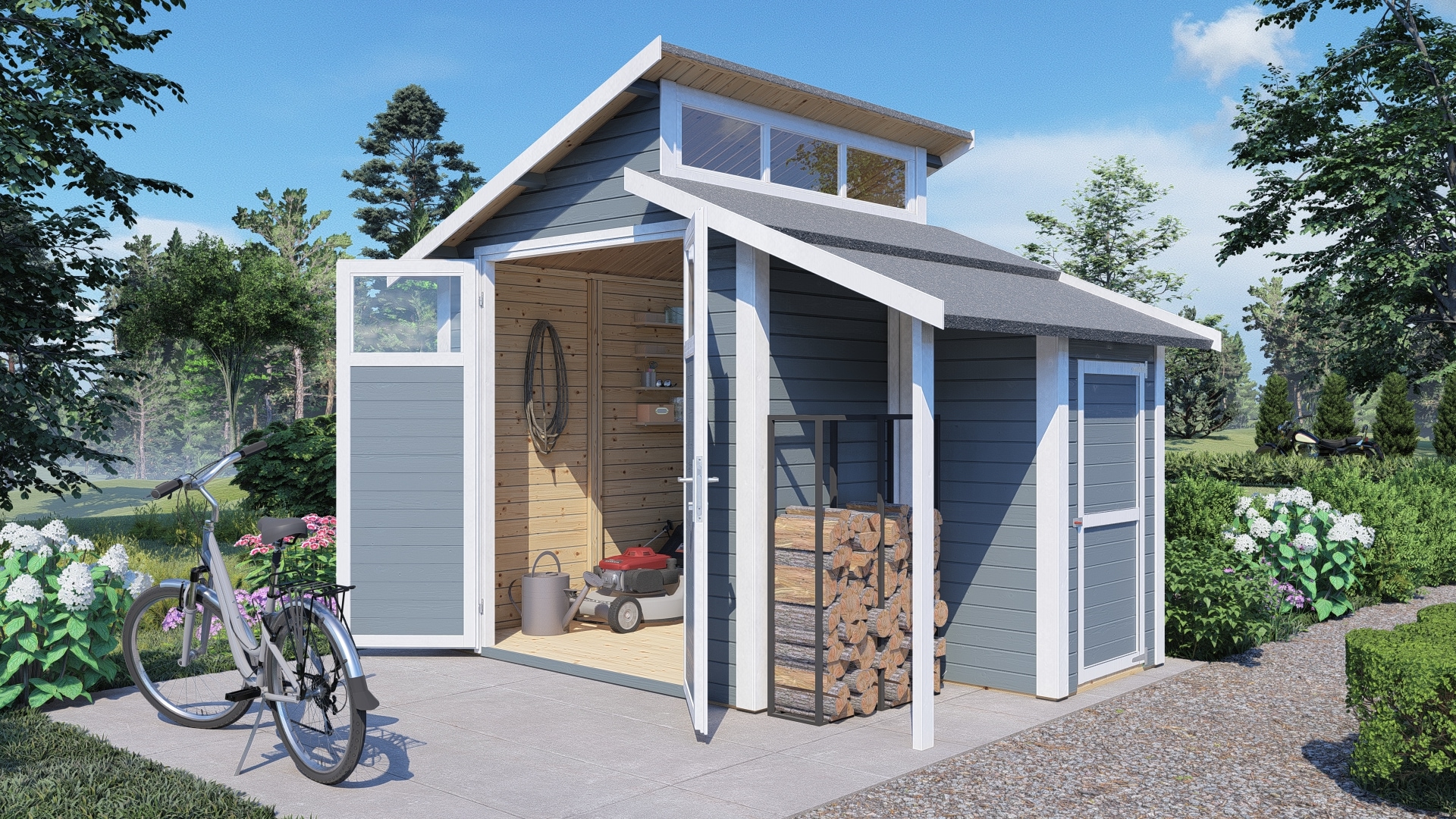 BERTILO Gartenhaus »Studio Set 2, in verschiedenen Farben«, mit Doppelpultdach, Oberlicht und Dachverlängerung + Wandschrank