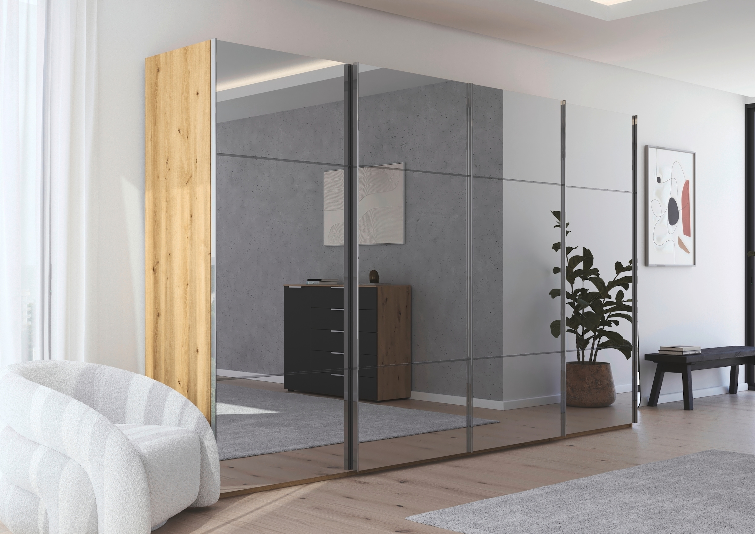 rauch Schwebetürenschrank »Kleiderschrank Schrank Garderobe Schlafzimmerschrank SCALE-TRIO«, edle dreigeteilte Front mit 2 Zierleisten Spiegelfront MADE IN GERMANY