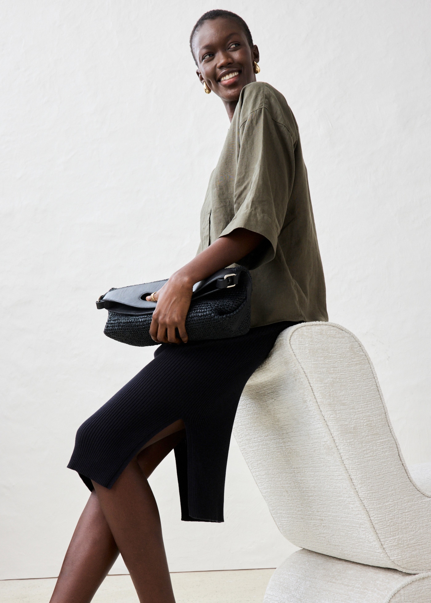 bonprix Shirtbluse Oversize-Passform, aus Leinen, strukturierte Oberfläche, 3/4-Ärmel