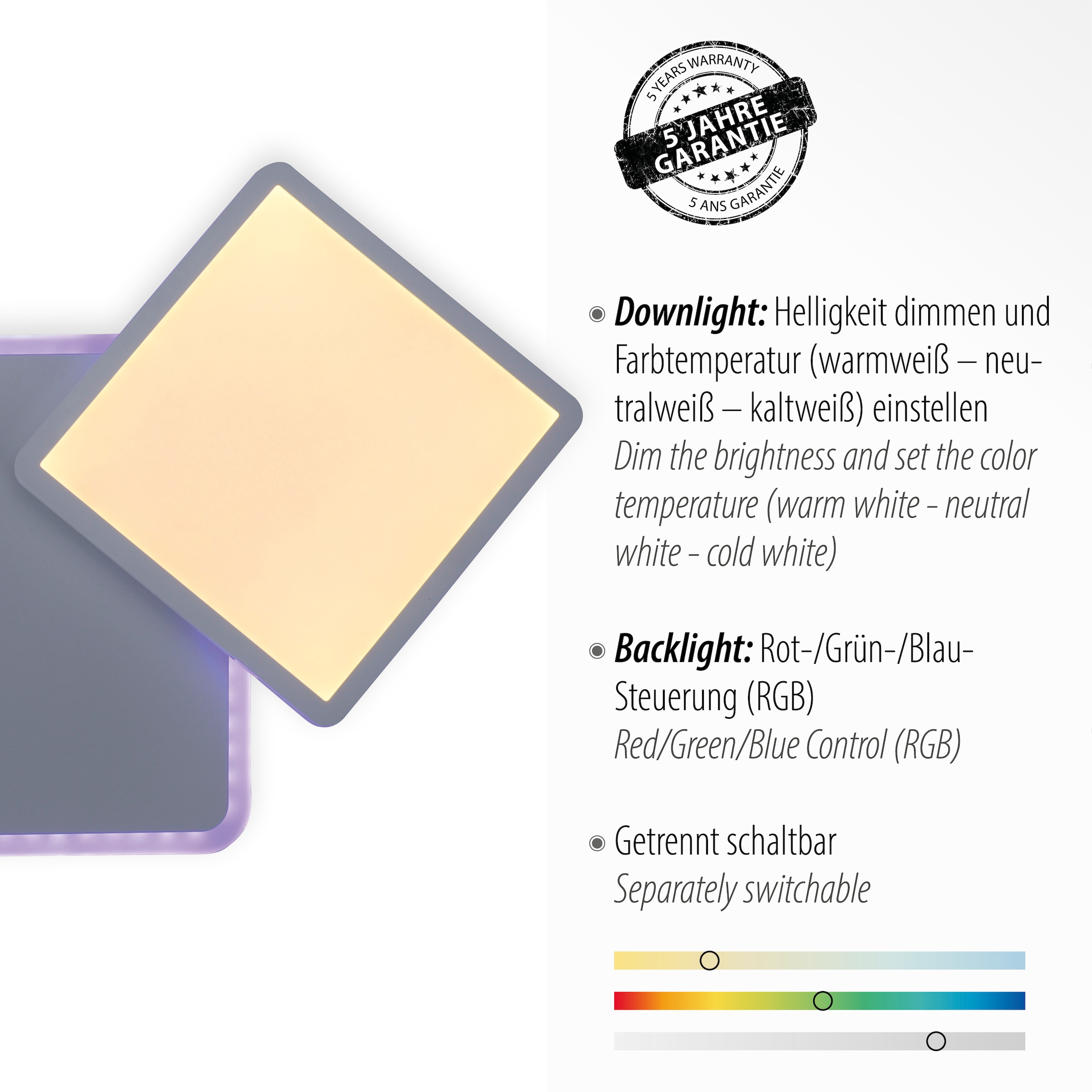 JUST LIGHT Deckenleuchte »ARENDA« LED-Board 1 Stk. warmweiß - kaltweiß CCT - tunable white, RGB, dimmbar über Fernbedienung, Serienschalter