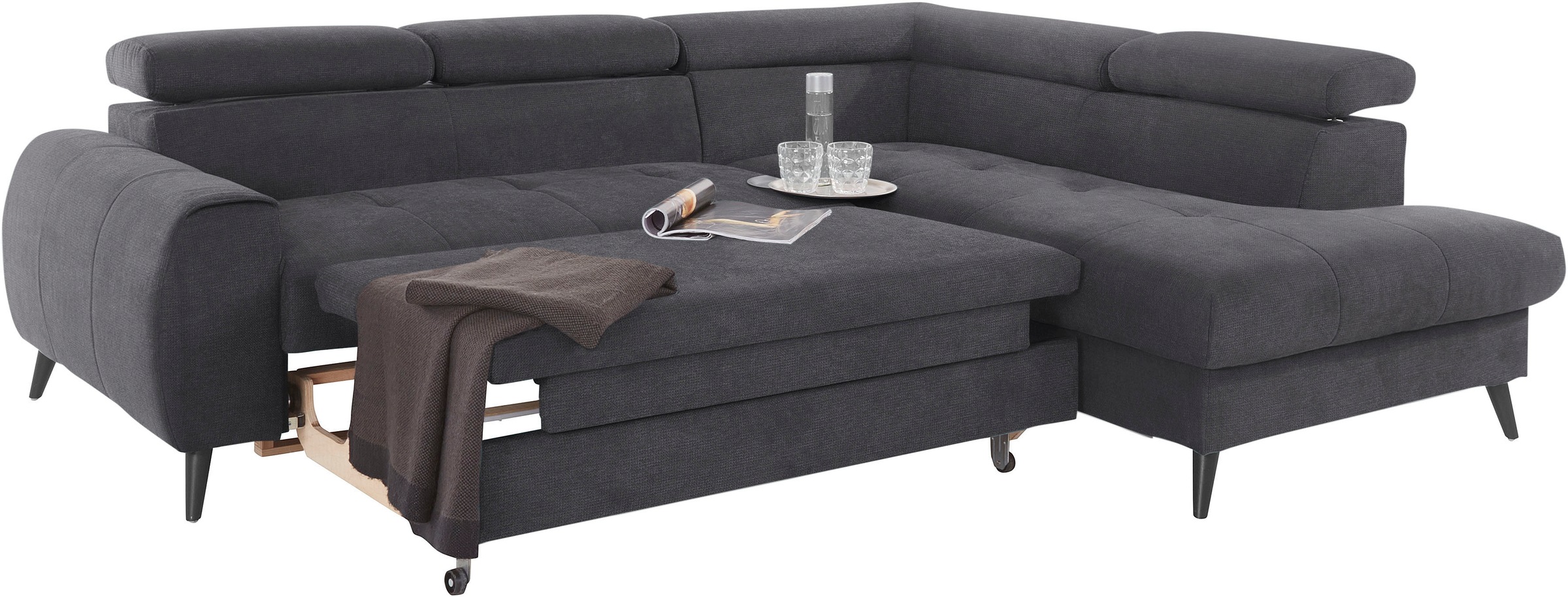 COTTA Ecksofa »Mia L-Form mit 3 Zierkissen«, wahlweise mit Bettfunktion, Bettkasten, Beleuchtung & Wireless-Charger