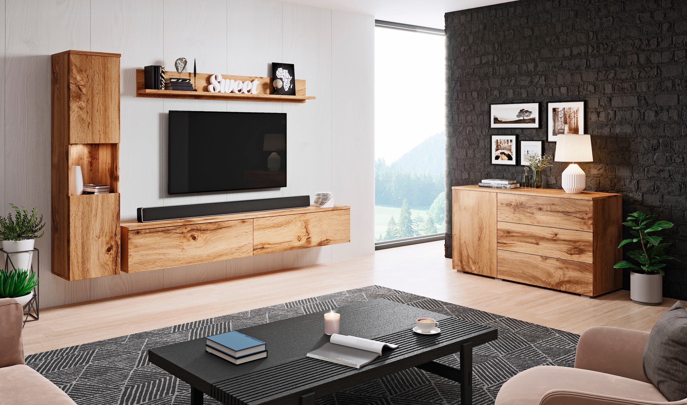 INOSIGN Wohnwand »PARIS«, (Komplett-Set, 3 St.), TV-Wand 220cm breite, grifflose Design, stehend und hängend montierbar