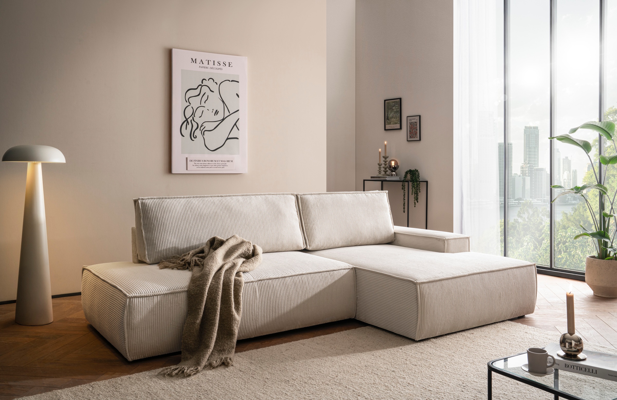 Home affaire Ecksofa »SHERWOOD, Schlafsofa in L-Form offen (275cm), Cord, Leinenoptik«, Schlaffunktion und Bettkasten, Kedernaht, hoher Sitz- & Liegekomfort