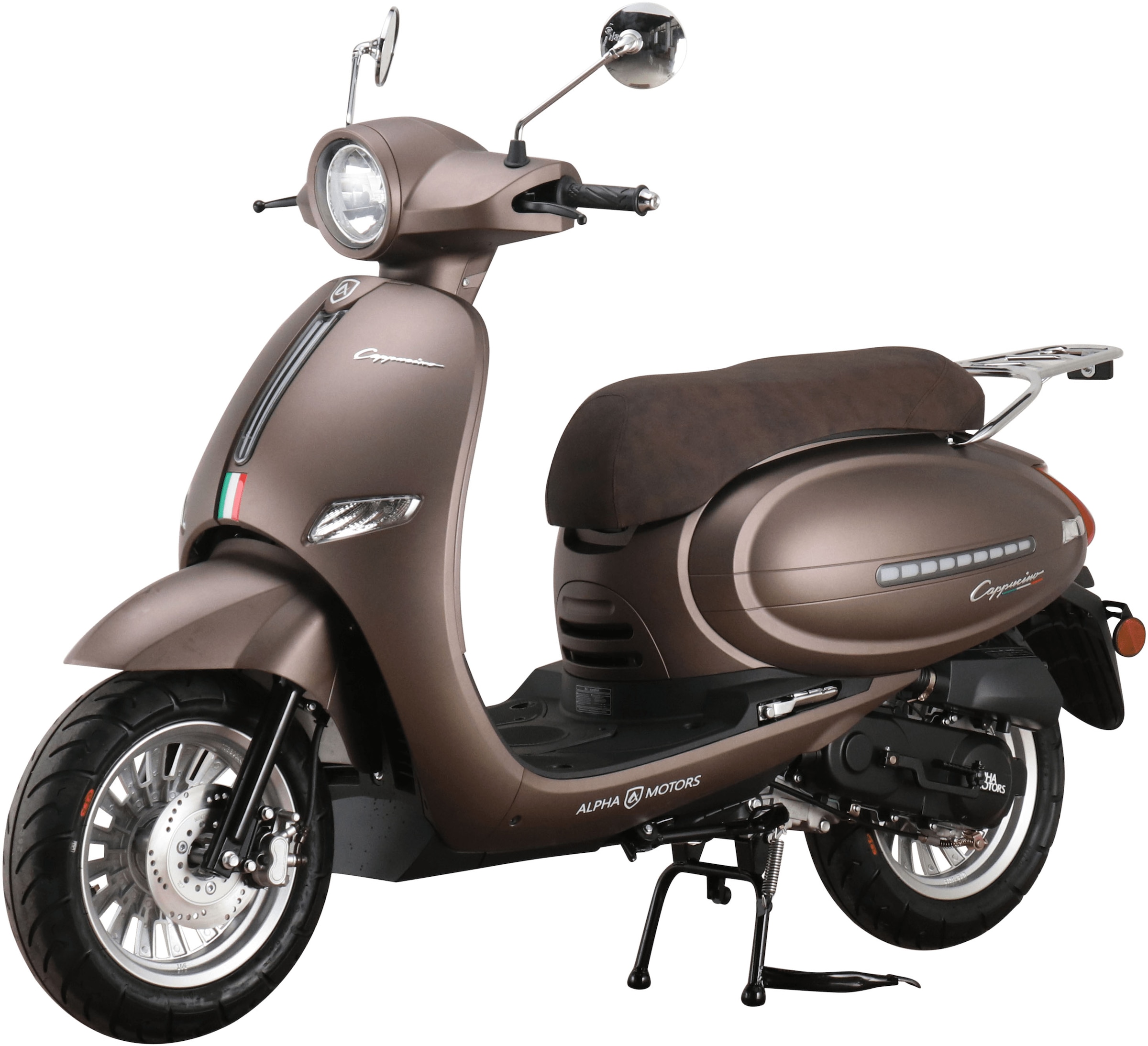 Alpha Motors Motorroller »Cappucino 50 ccm 25 km/h EURO 5 mattbraun«, 50 cm³, 25 km/h, Euro 5, 2,72 PS, LED-Leiste vorne und hinten, mit USB-Anschluss und Lenkerschloss