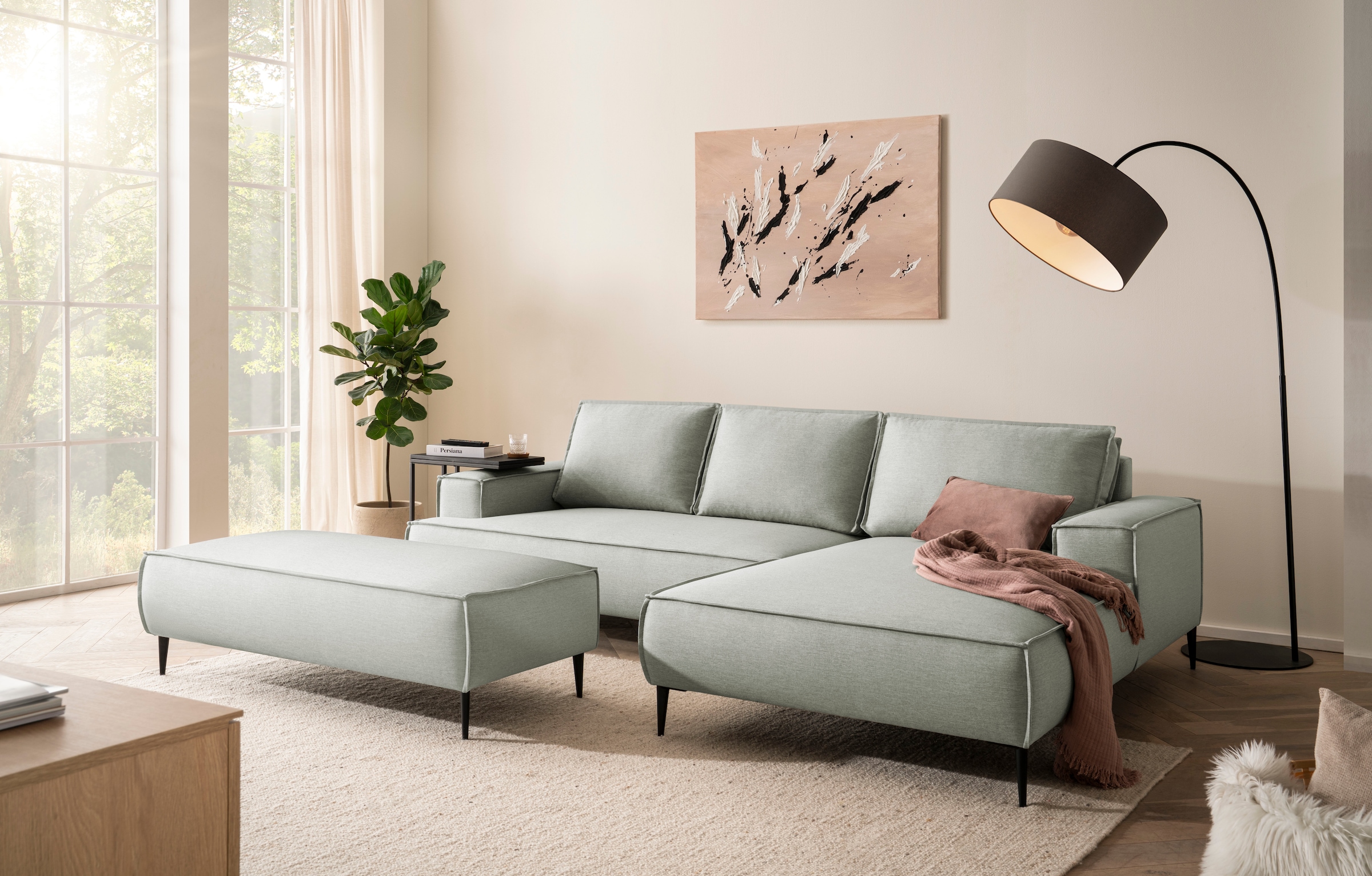 andas Ecksofa »TVINNU, L-Form, 275cm, in Cord und Flachgewebe«, wahlweise Recamiere rechts/links, schwarze Füße, bequemer Sitzkomfort
