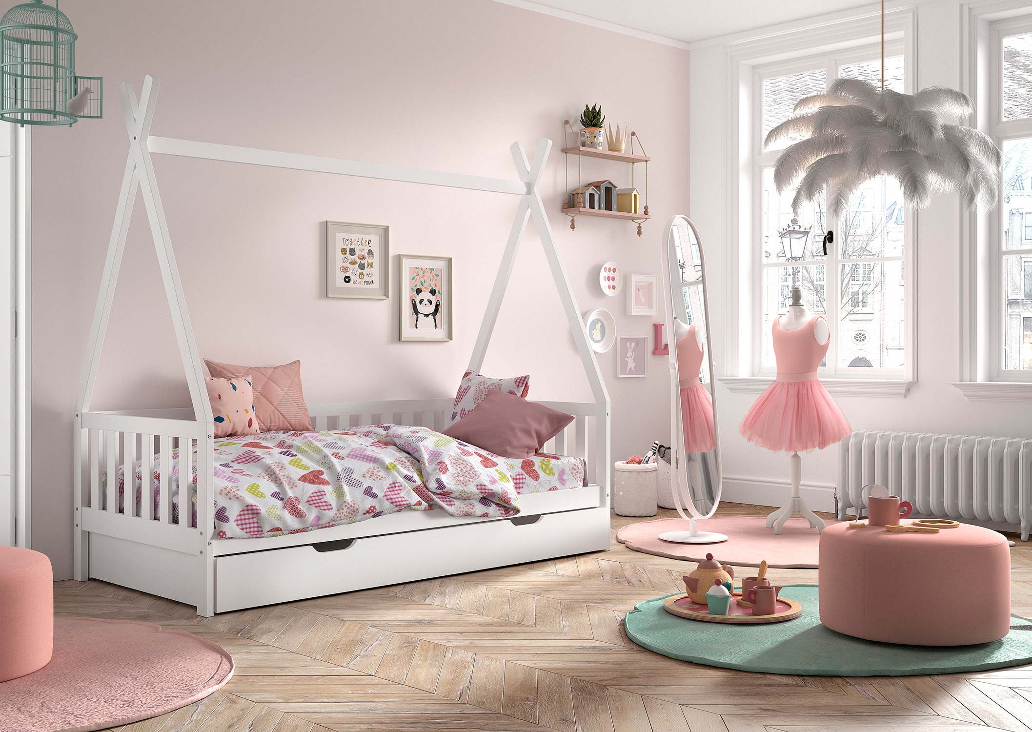 Vipack Massivholzbett »mit Tipi Dach, seitlich und hinten mit Sprossenumrandung« Liegefläche 90/200 cm mit Rollattenrost und Bettschublade auf Rollen,  Korpus aus massiver Kiefer, weiß lackiert