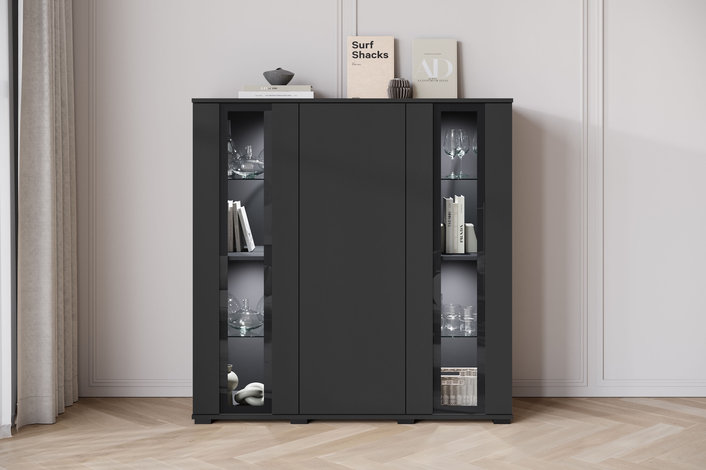 INOSIGN Highboard »Caro, modernes Design mit Glaseinsätzen, Breite 120 cm«, (1 St.), grifflose Fronten mit Push-to-Open, höhenverstellbare Einlegeböden