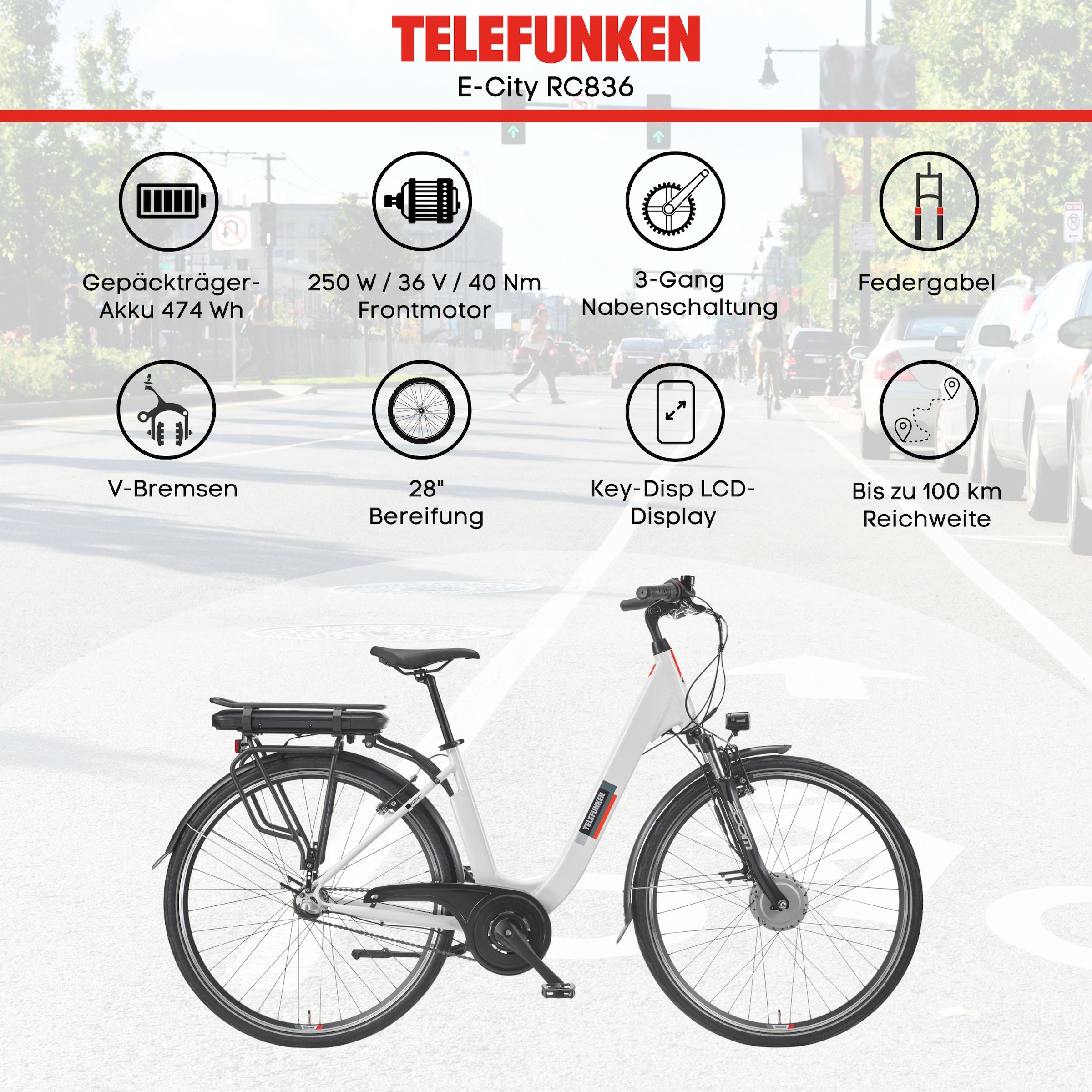 Telefunken »Multitalent RC836« 3 Gang Shimano Shimano Nexus Schaltwerk Nabenschaltung Frontmotor 250 W