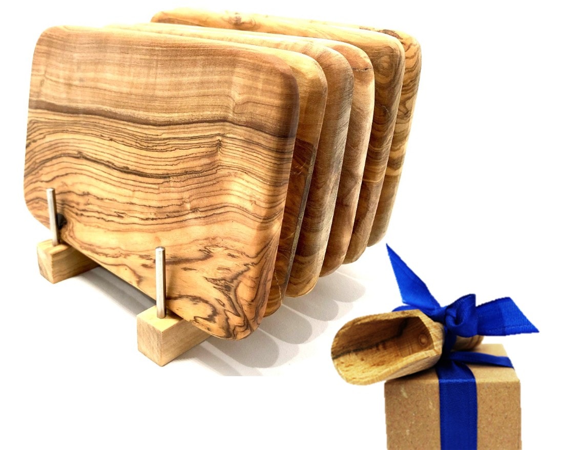 OLIVENHOLZ-ERLEBEN Frühstücksbrett »Bretterständer inkl. 6 Frühstücksbretter Olivenholz 22 x 14 cm« platzsparende Aufbewahrung für bis zu 6...