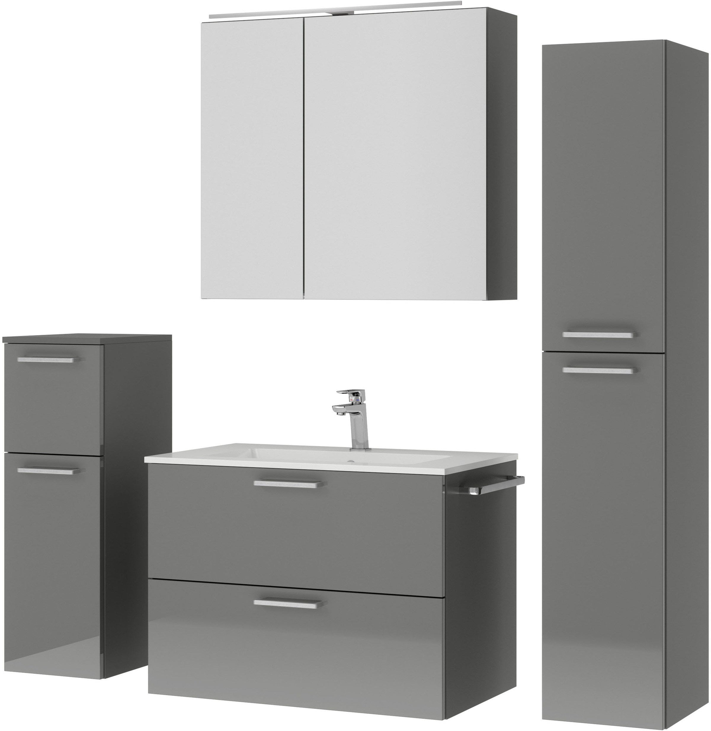 nobilia® Badmöbel-Set »Tolvina«, (4 St., vormontiert, mit Soft-Close), inkl. Spiegelschrank mit Beleuchtung und Dimmerfunktion, in 4 Breiten