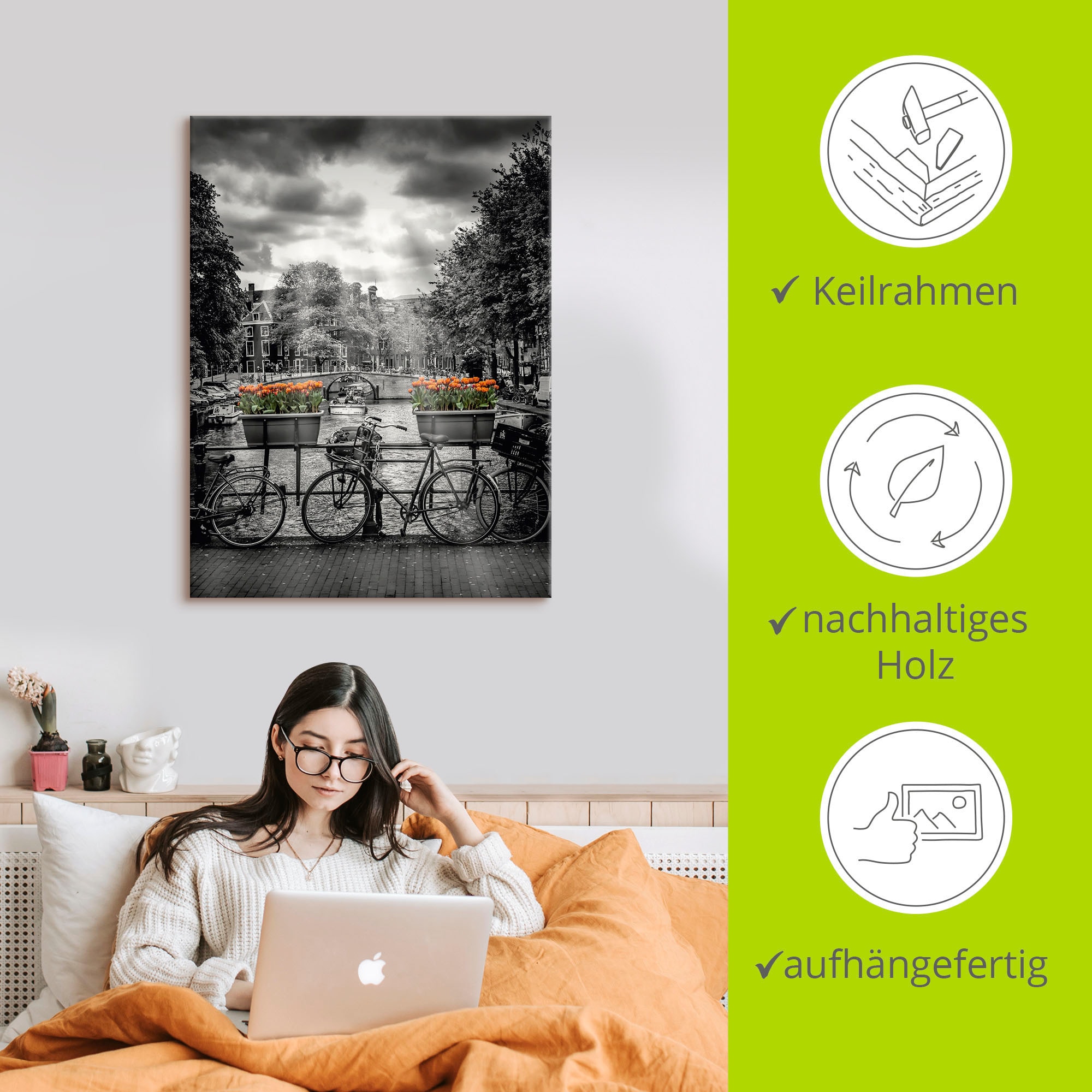 Artland Wandbild »Amsterdam Herengracht & Sonnenstrahlen«, Fahrräder, (1 St.), als Leinwandbild, Poster in verschied. Größen