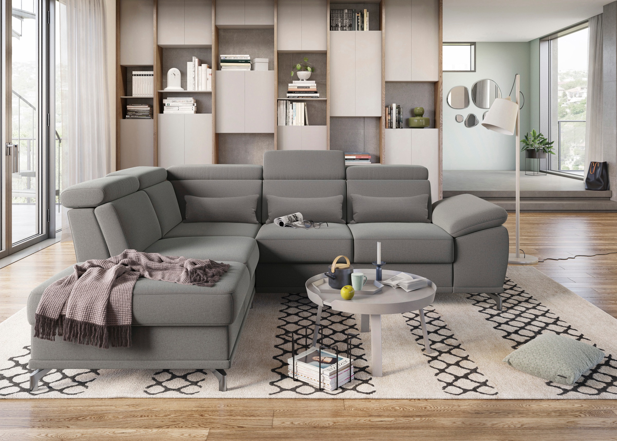 sit&more Ecksofa »Cabrio L-Form, mit Sitztiefenverstellung, Arm- und Kopfteilverstellung«, 3 Nierenkissen, Federkern, optional Bettfunktion und Stauraum