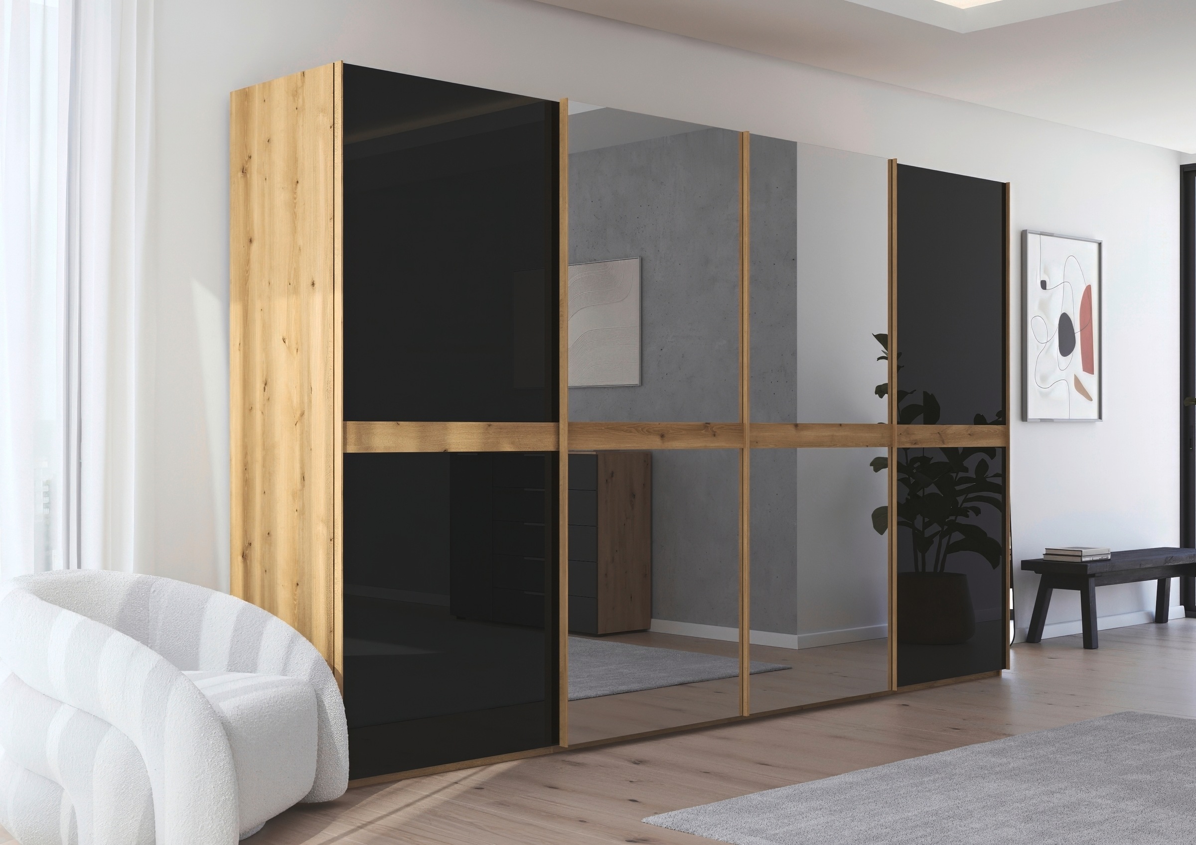 rauch Schwebetürenschrank »Kleiderschrank Schrank Garderobe Schlafzimmerschrank SCALE-LINE«, edle Optik mit Bauchbinde mit Glas/Spiegel-Front MADE IN GERMANY