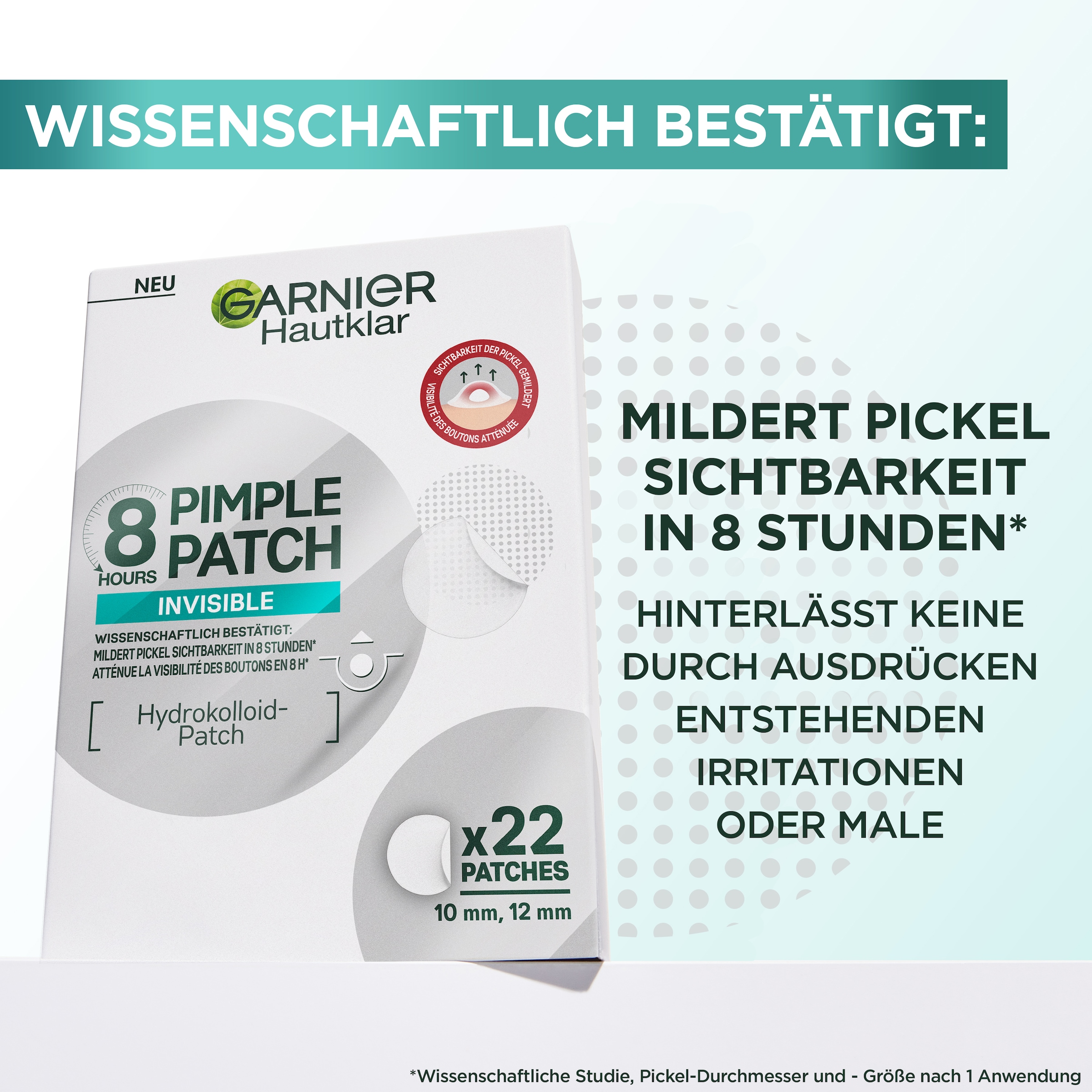 GARNIER Pflegestift »Garnier 8H Invisible Pimple Patch«, Flacht Pickel ab mit Hydrokolloid, keine Pickelmale.