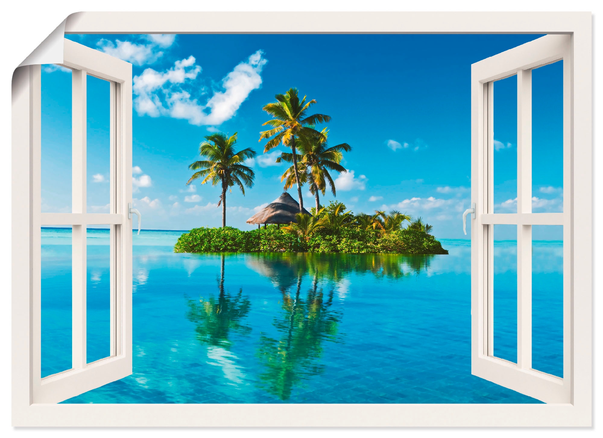 Artland Wandbild »Fensterblick Insel Palmen Meer«, Fensterblick, (1 St.),  als Leinwandbild, Wandaufkleber oder Poster in versch. Größen auf Rechnung  kaufen