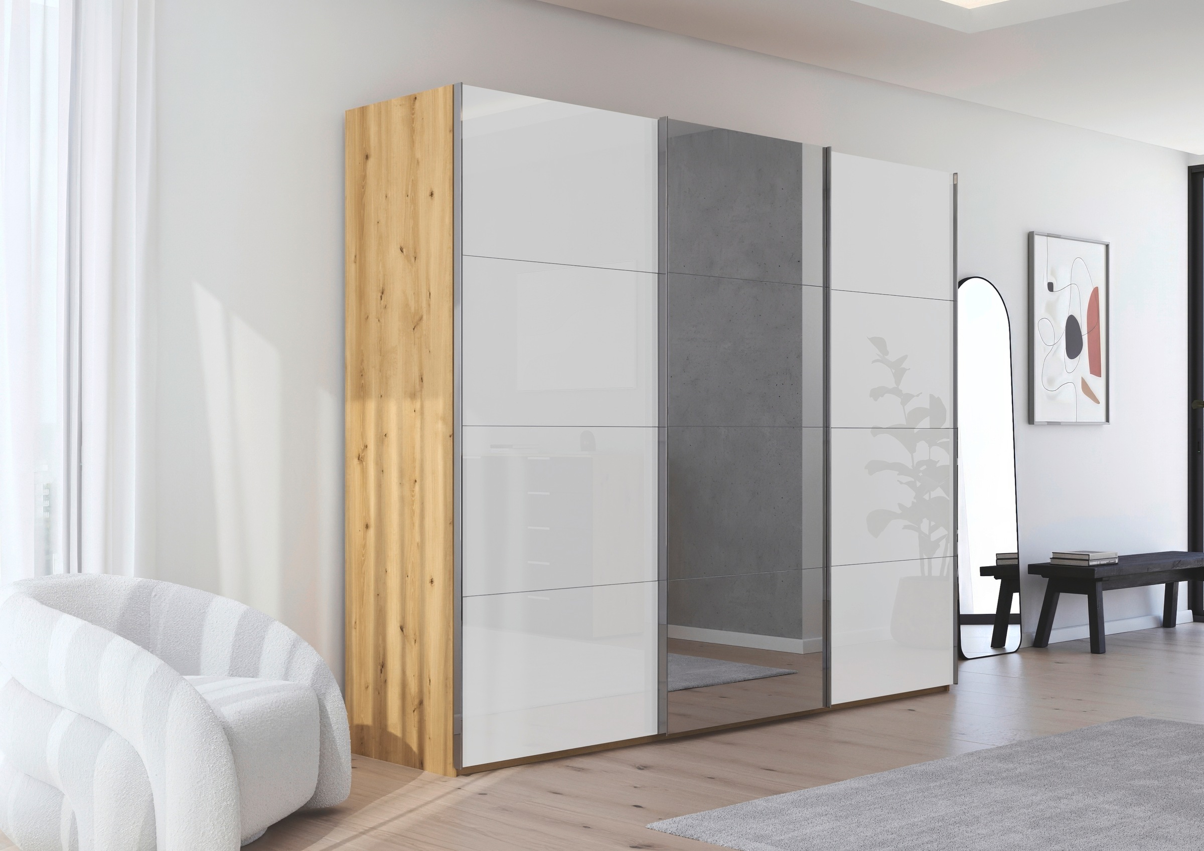 rauch Schwebetürenschrank »Kleiderschrank Schrank Garderobe Schlafzimmerschrank SCALE-FYRA«, edle viergeteilte Türen Spiegel/Glas-Mix viele Farben MADE IN GERMANY