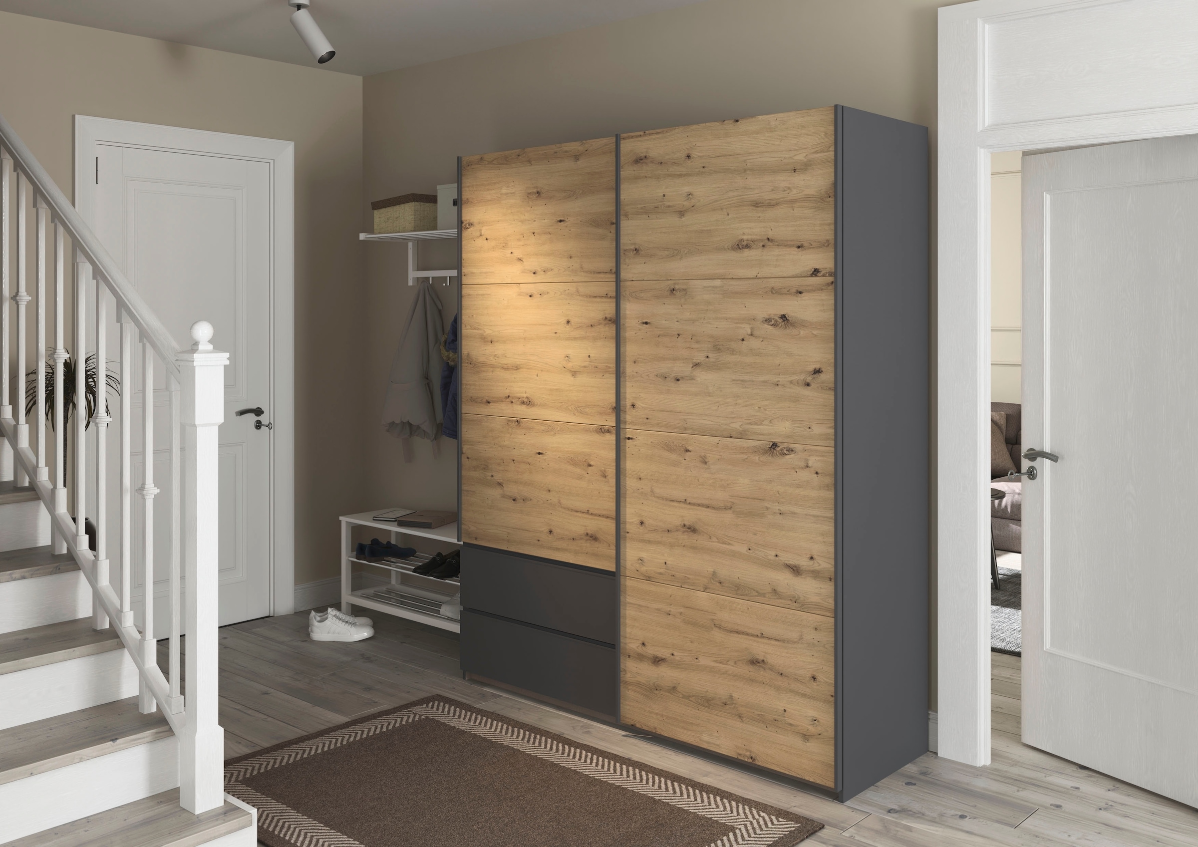 rauch Schwebetürenschrank »Kleiderschrank Schrank Garderobe Wäscheschrank SEVILLA«, (in 3 verschiedenen Ausstattungen BASIC/CLASSIC/PREMIUM), Metall-Griffleisten alufarben oder Graumetallic MADE IN GERMANY