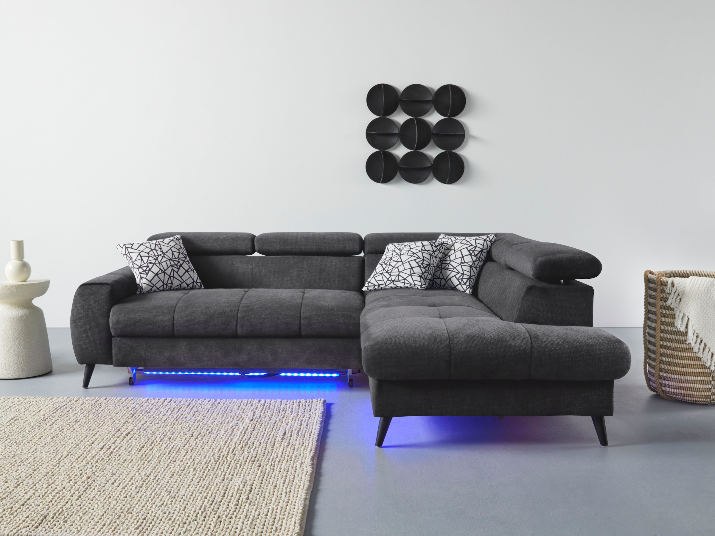 COTTA Ecksofa »Mia L-Form mit 3 Zierkissen«, wahlweise mit Bettfunktion, Bettkasten, Beleuchtung & Wireless-Charger