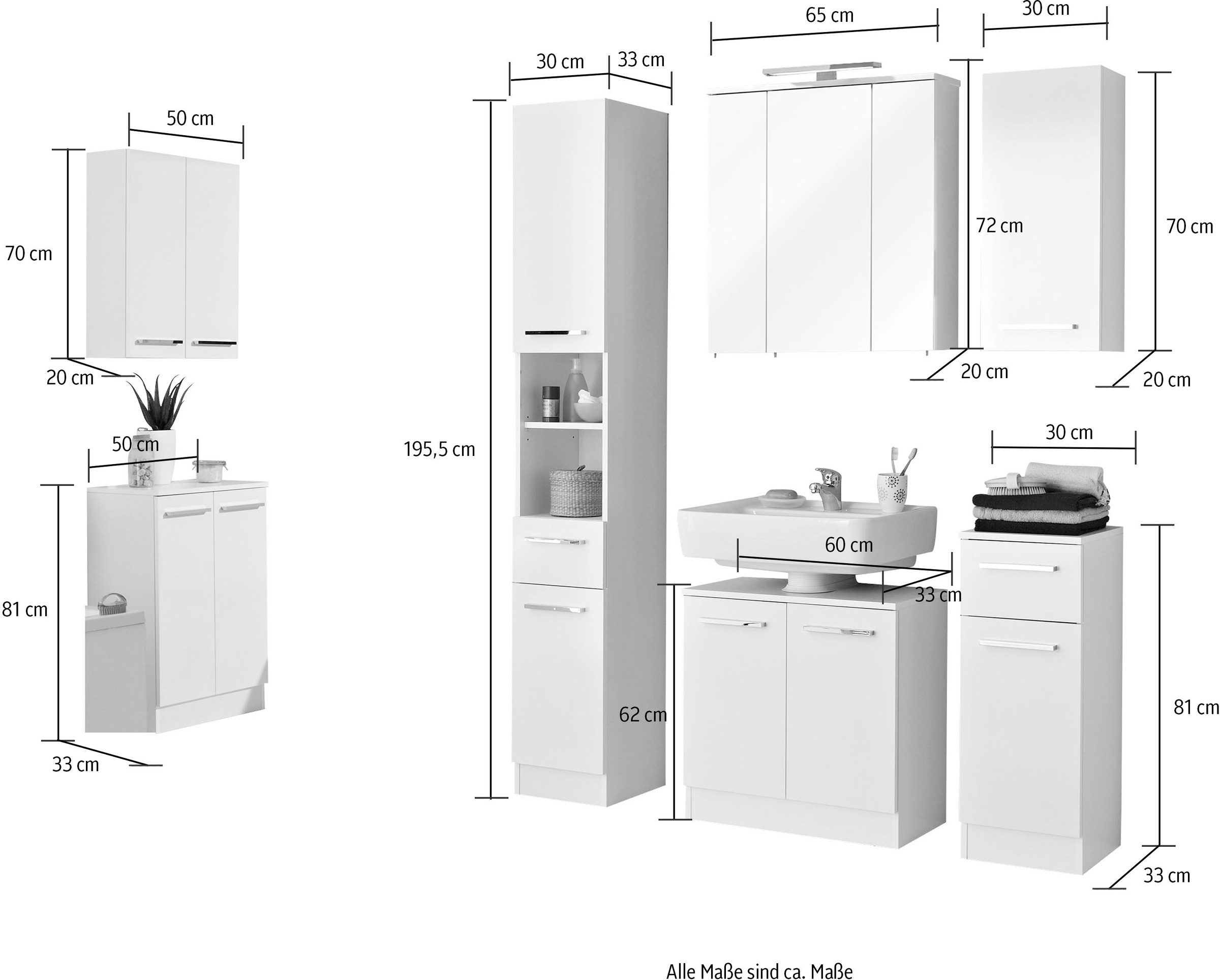 Saphir Badmöbel-Set »Quickset 335 7-teilig, Waschbeckenunterschrank mit LED-Spiegelschrank«, (7 St.), Hochschrank, Unterschränke, Hängeschränke, inkl. Türdämpfer, 13 Türen