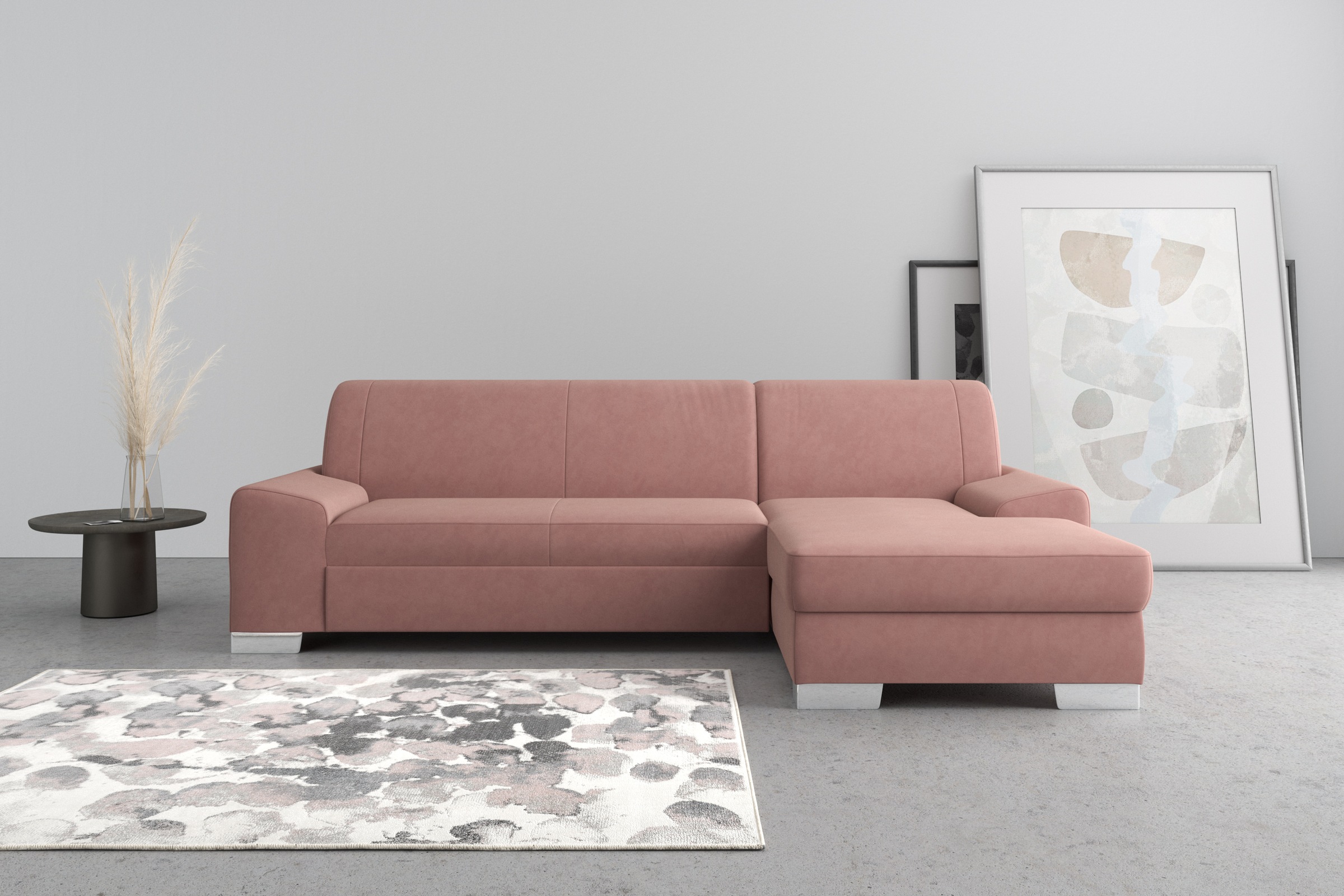 DOMO collection Ecksofa »Anzio L-Form, whlw. Bettfunktion, Federkern, hochwertig, Breite 271 cm«, Ohne Bettfunktion, Recamiere rechts, Samtoptik, malve