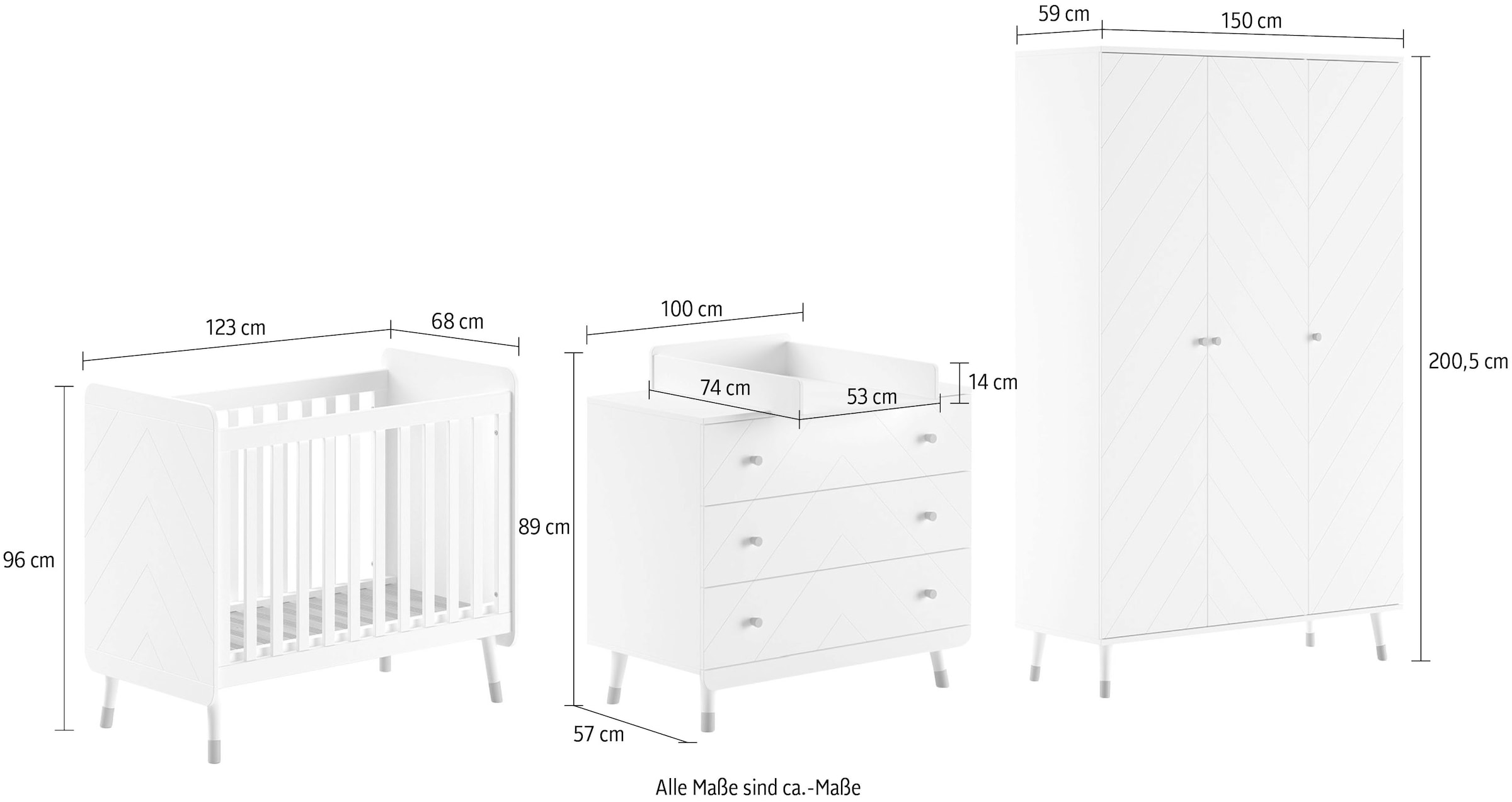 Vipack Babymöbel-Set, (Made in Europe), 4- tlg. bietet alles für Ihr Kinderzimmer, Ausf. satin weiß lackiert