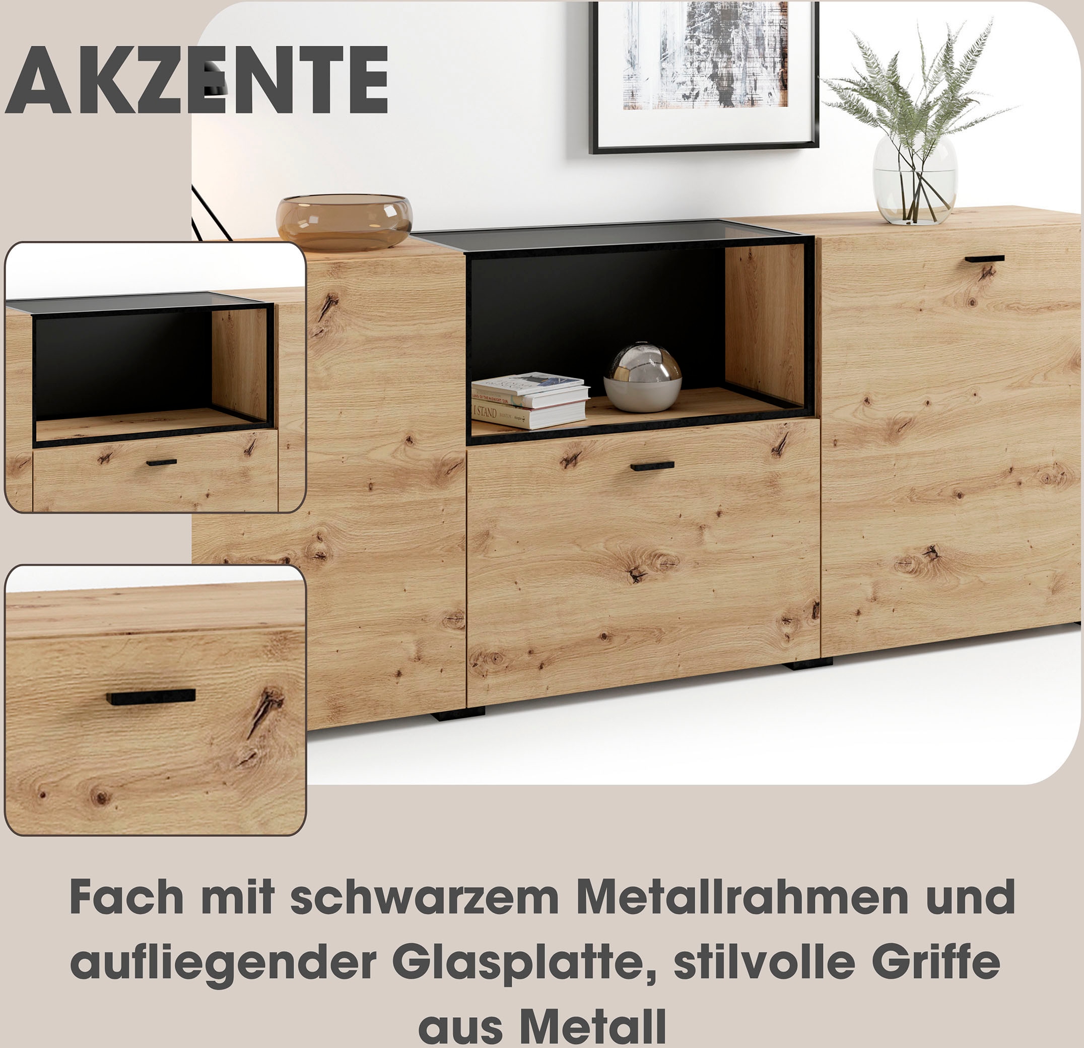 byLIVING Sideboard »Frame« 1 Stk. tlg. moderne Kommode mit Metalleinsatz und Glasplatte, 200cm breit.