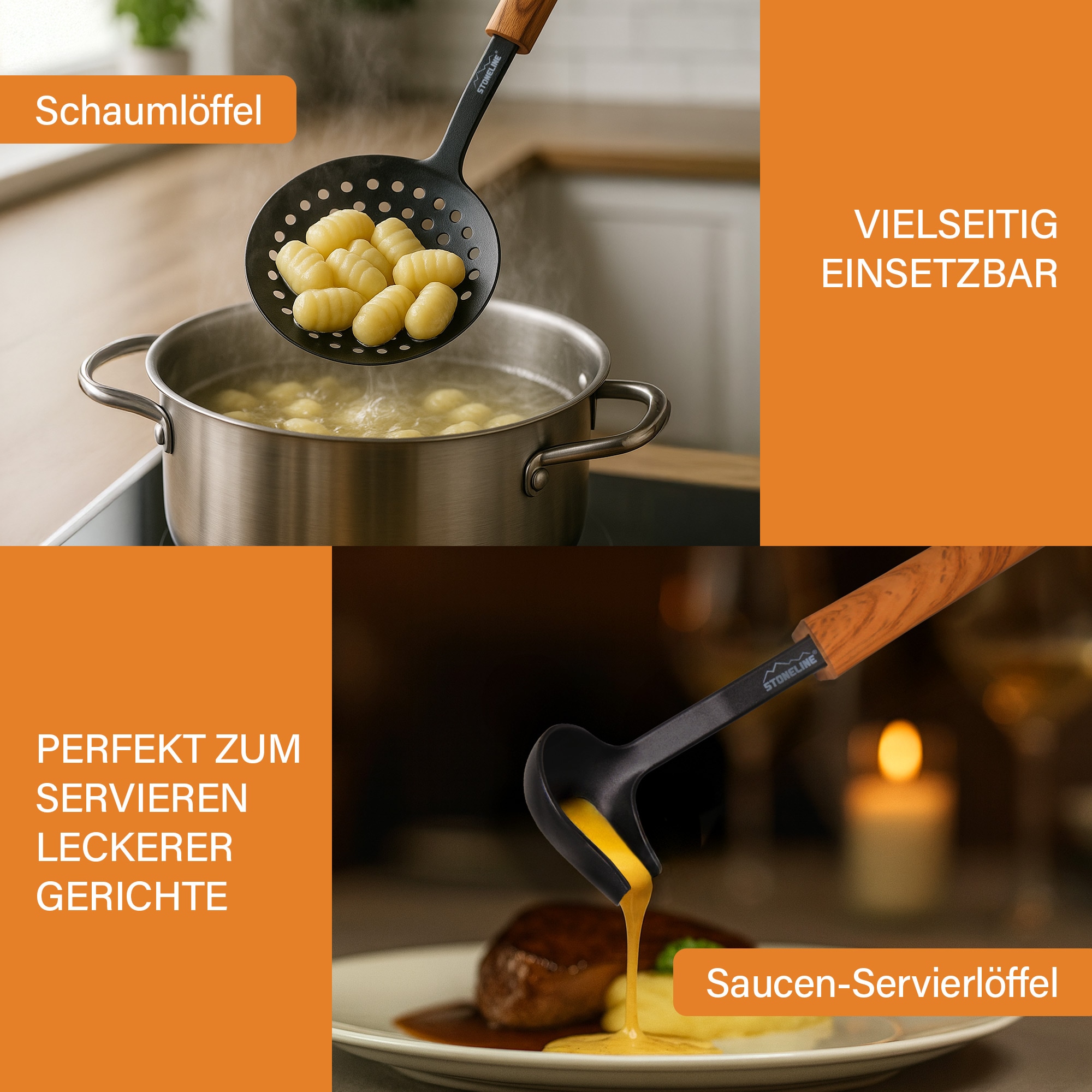 STONELINE Kochbesteck-Set »Kochutensilien-Set mit Holzgriff-Design "Back to Nature"« Perfekt für Antihaft-Pfannen und Töpfe, Design aus Deutschland