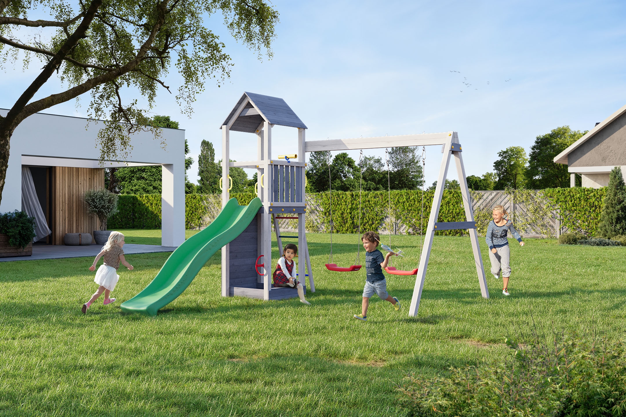 FUNGOO Spielturm »FLAPPI« mit Rutsche, Doppelschaukel, Kletterwand, Teleskop, Lenkrad