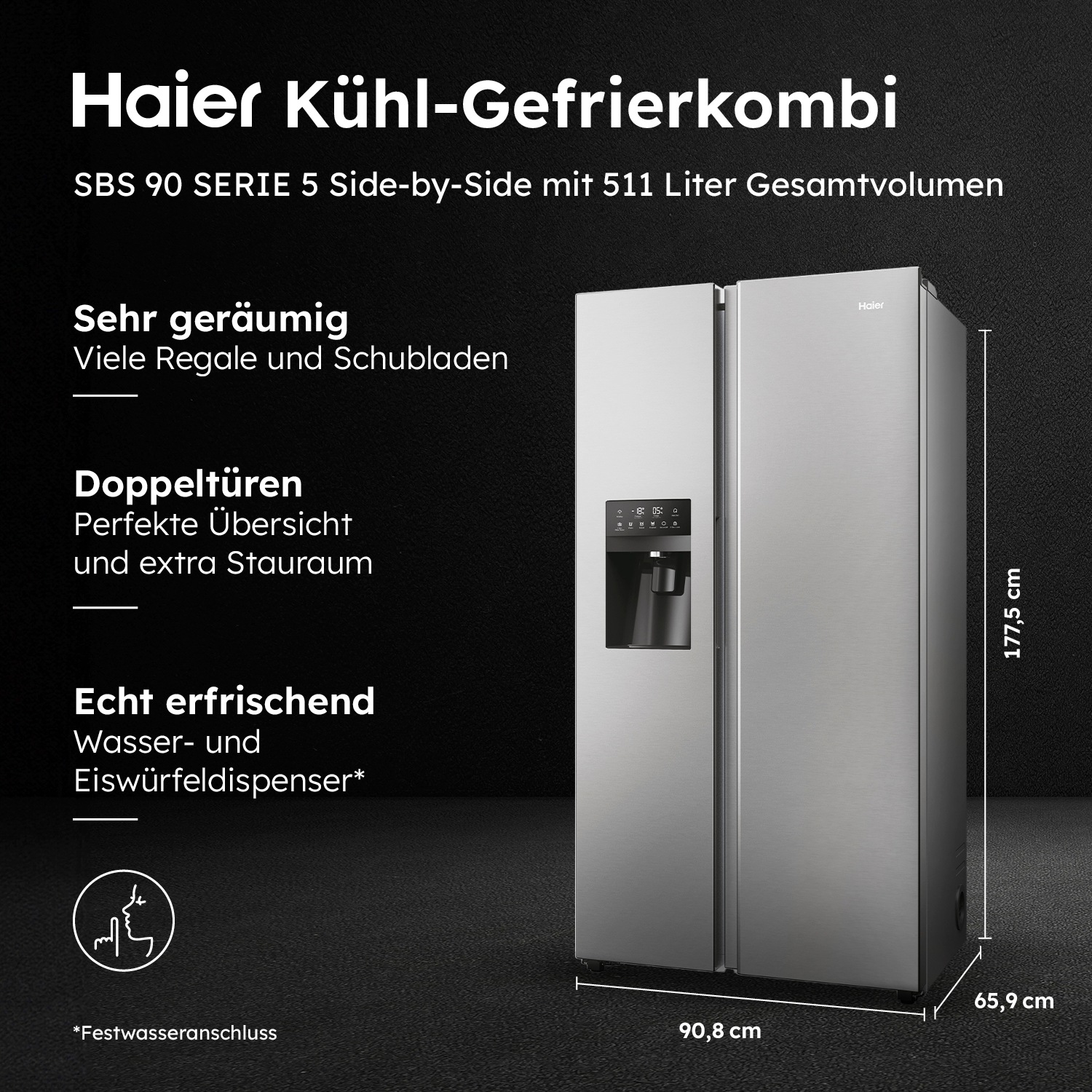 Haier Side-by-Side SBS 90 Series 5 »HSR5918DIMP«, 178 cm hoch, 91 cm breit, Nutzinhalt: 511 Liter, Extrem leise