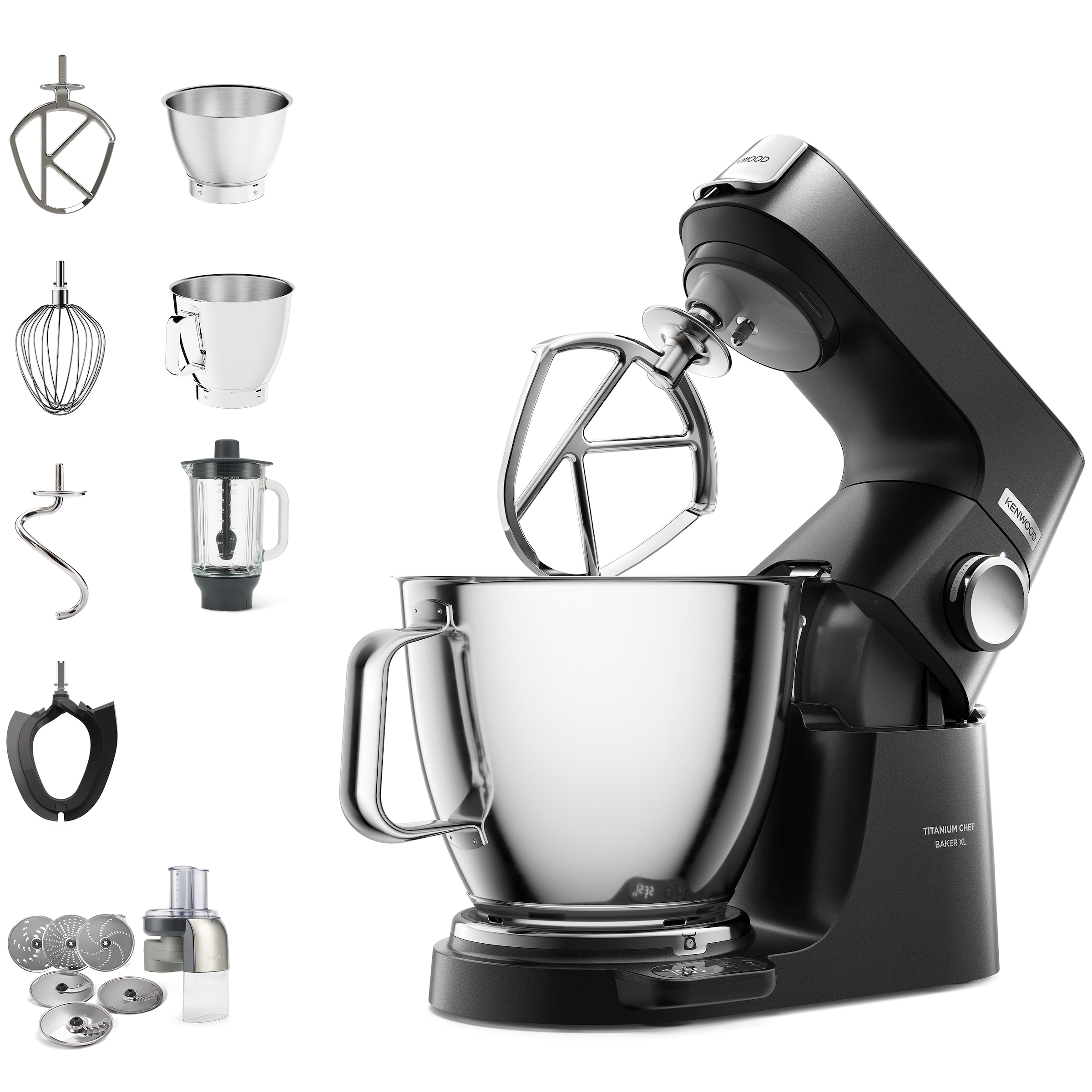 KENWOOD Küchenmaschine »Titanium Chef Baker XL KVL85.004BK, Zubehör, Gratis Wert UVP 319,-"«, Gratis: Mixaufsatz KAH359GL+Schnitzelwerk AT340