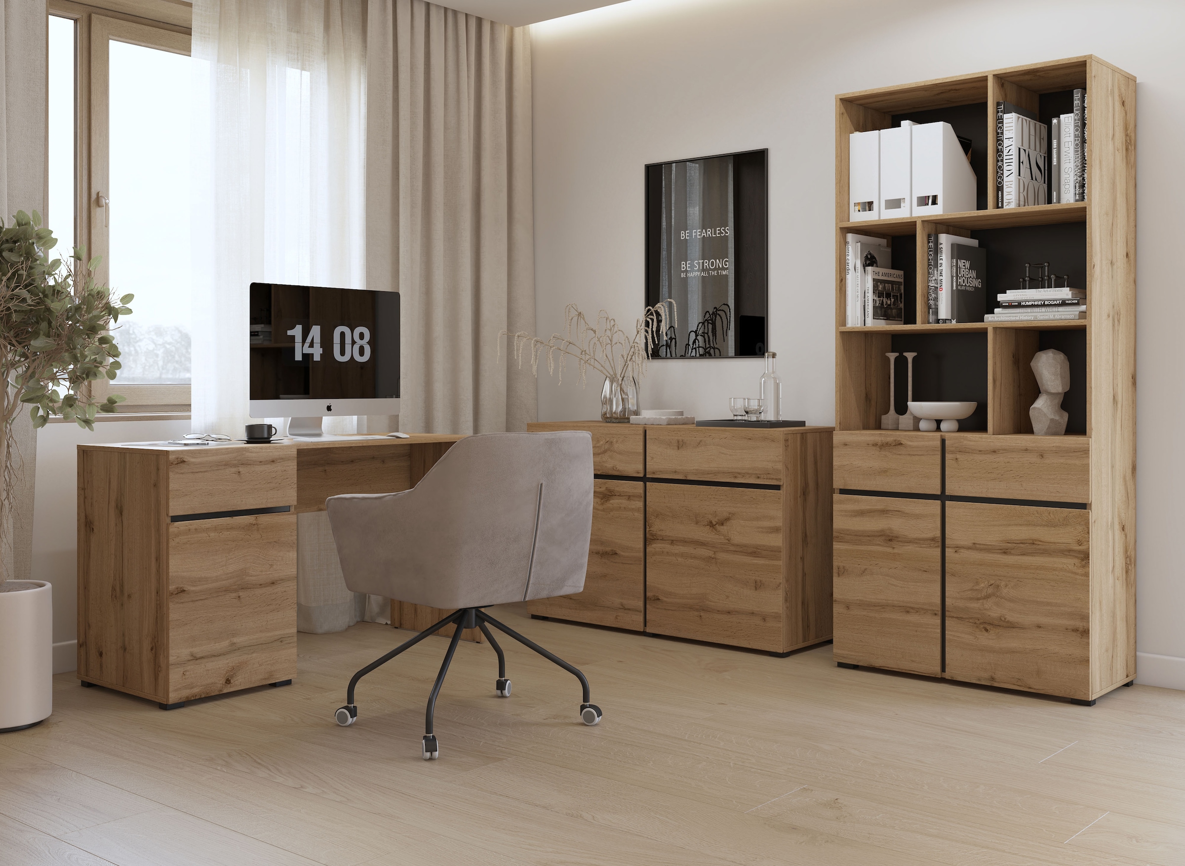 OTTO home Aktenschrank »Cross, Breite 85 cm, modernem grifflose Standregal, Bücherregal« Standregal mit 6 offene Fächern, 2 Schubladen und 2 Türen, Büroregal