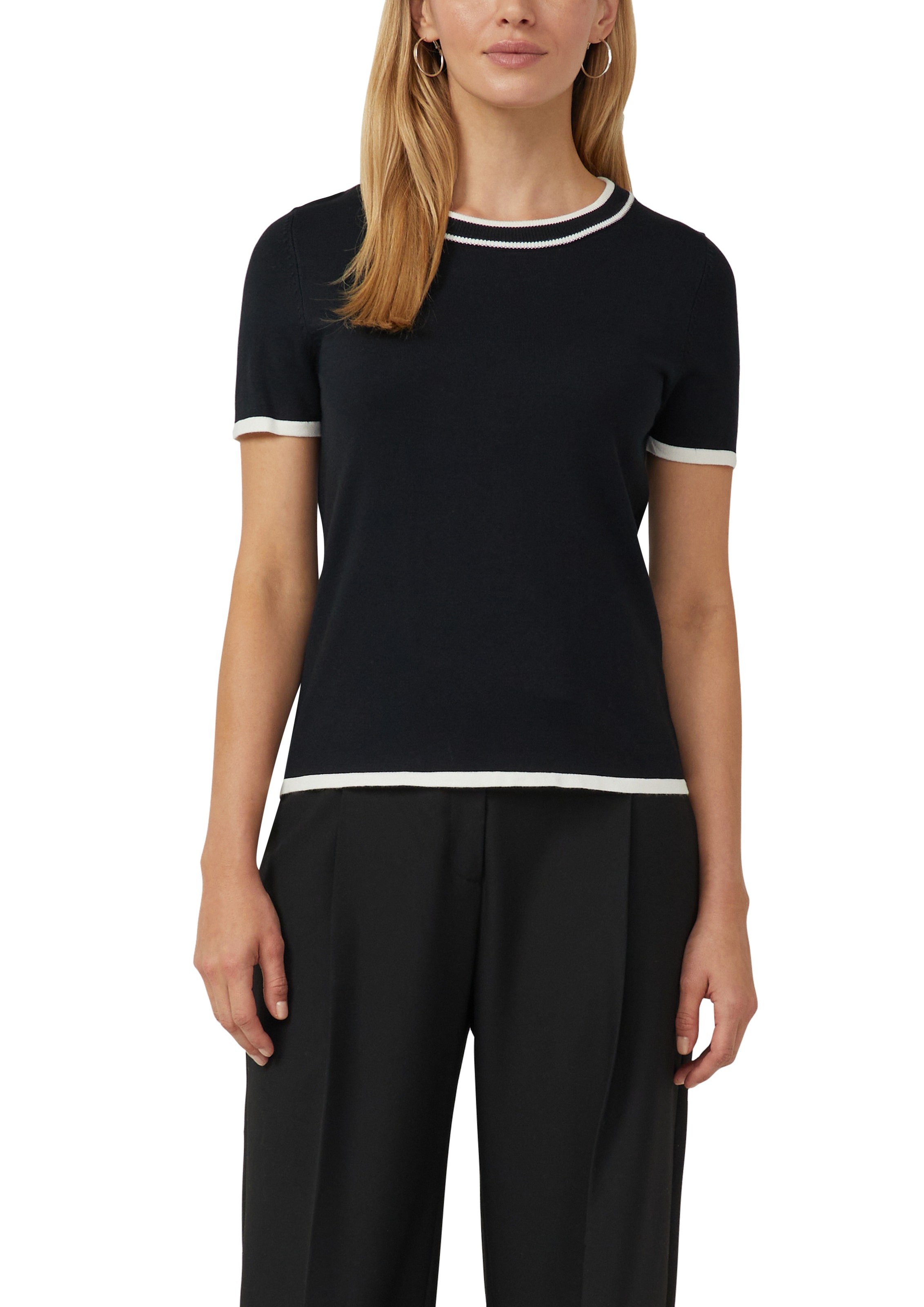 s.Oliver BLACK LABEL Kurzarmpullover Feinstrick, Rundhals mit kontrastfarbenen Bündchen