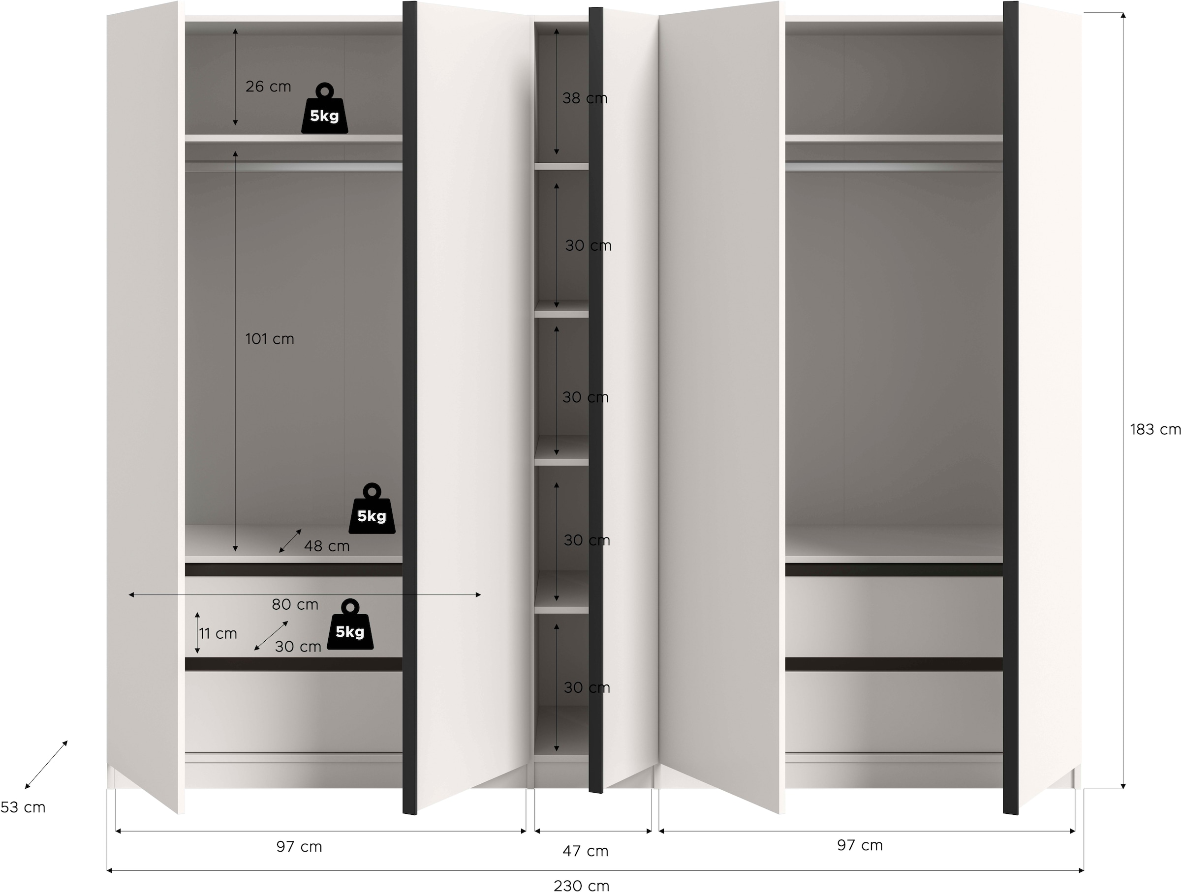 Home affaire Kleiderschrank »BENDINGO, TOPSELLER!, Schlafzimmerschrank, Schrank, Garderobenschrank« OTTO BESTSELLER, Garderobe & Schlafzimmer,  Breite 230cm, weiß, 5-türig, 2 Kleiderstangen, 6 Böden, 4 Schubladen