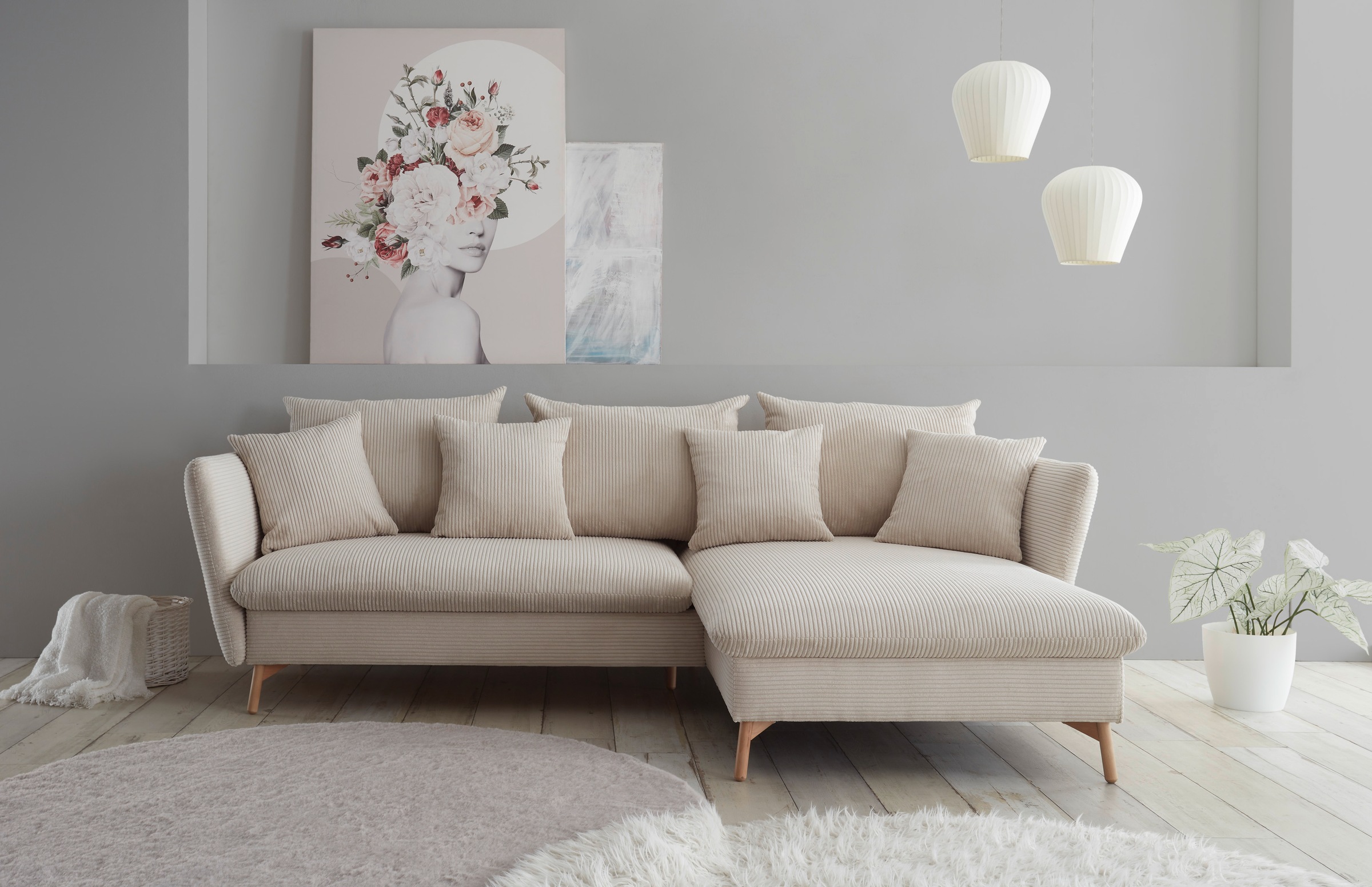 andas Ecksofa »MERLE, 258 cm, L-Form, traumhafter Cord,«, mit Bettfunktion und Bettkasten, Liegefläche 224 x 139