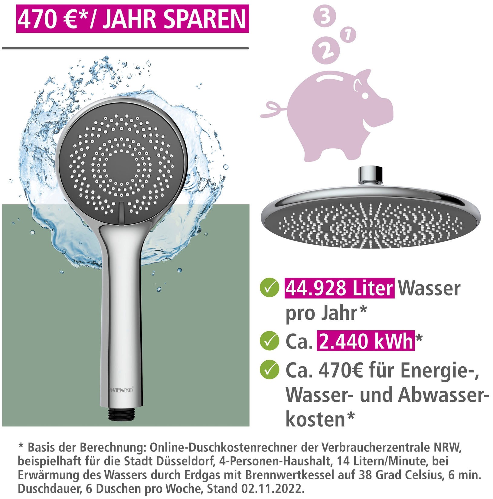 WENKO Duschsystem »Watersaving«, einfacher Anschluss an bestehende Armatur oder Wandanschlussbogen