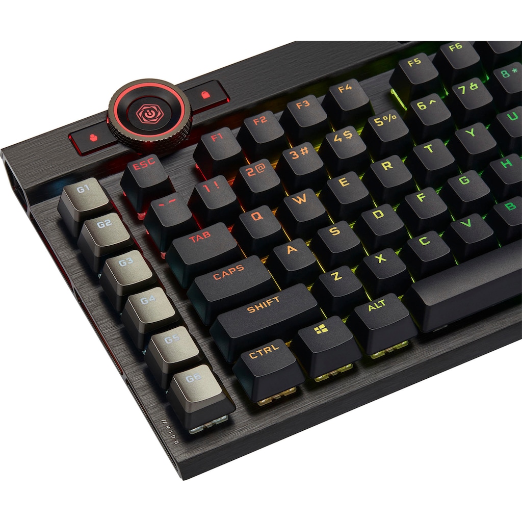 Corsair Gaming-Tastatur »K100 CORSAIR OPX«, (Handgelenkauflage-USB-Anschluss-Lautstärkeregler-Makro-Tasten-ausklappbare Füße-Ziffernblock)