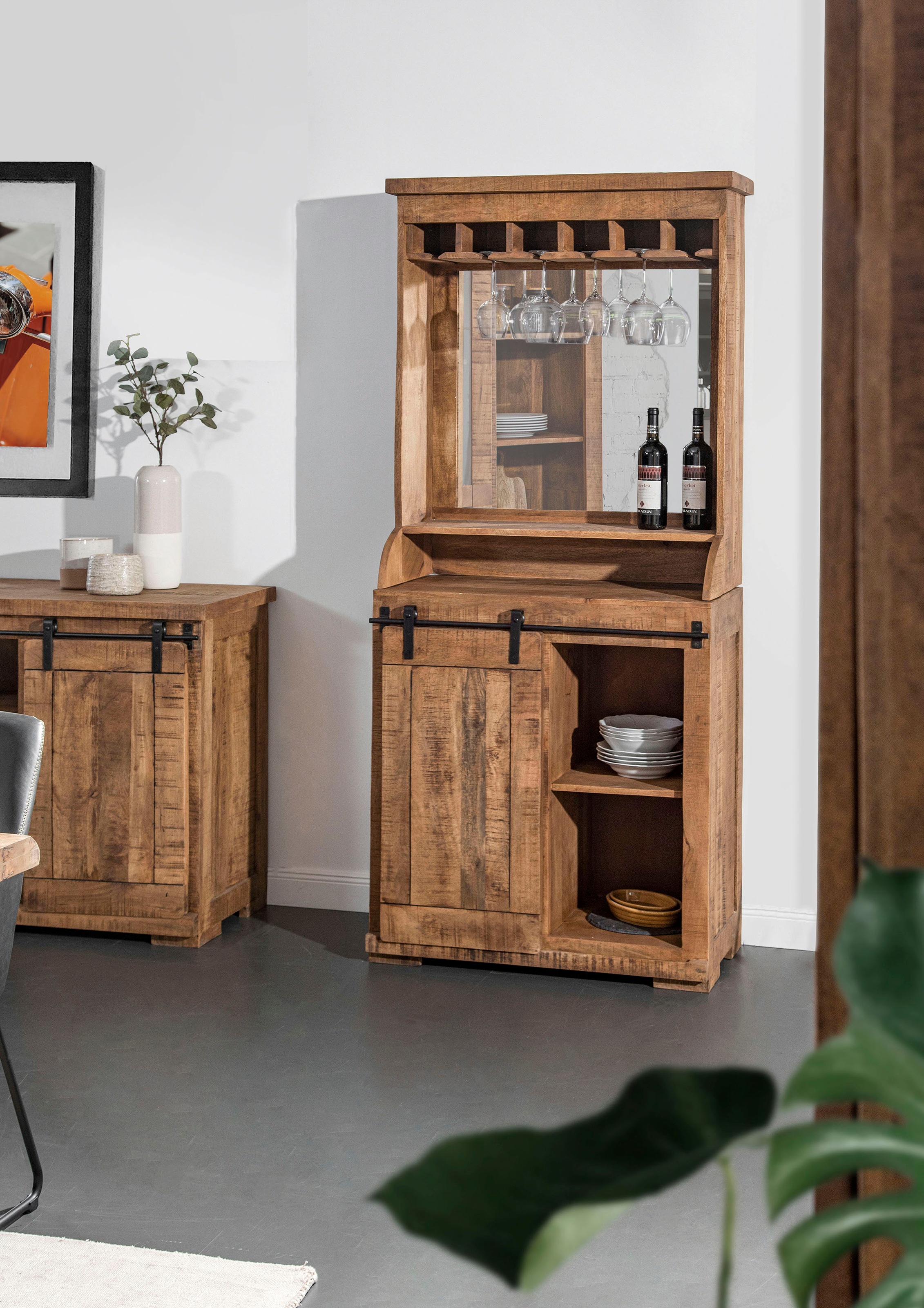 Gutmann Factory Midischrank »Kamerun Bar Kommode mit Buffet-Aufsatz«, mit Spiegel und Glashalter