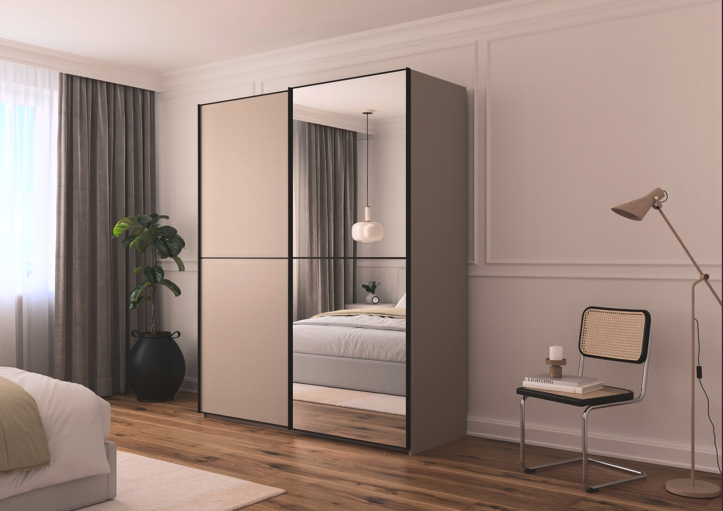 rauch Schwebetürenschrank »Kleiderschrank Schrank Garderobe Schlafzimmerschrank SCALE-DUO«, edle zweigeteilte Türen, Spiegel und 3 Zierleisten MADE IN GERMANY