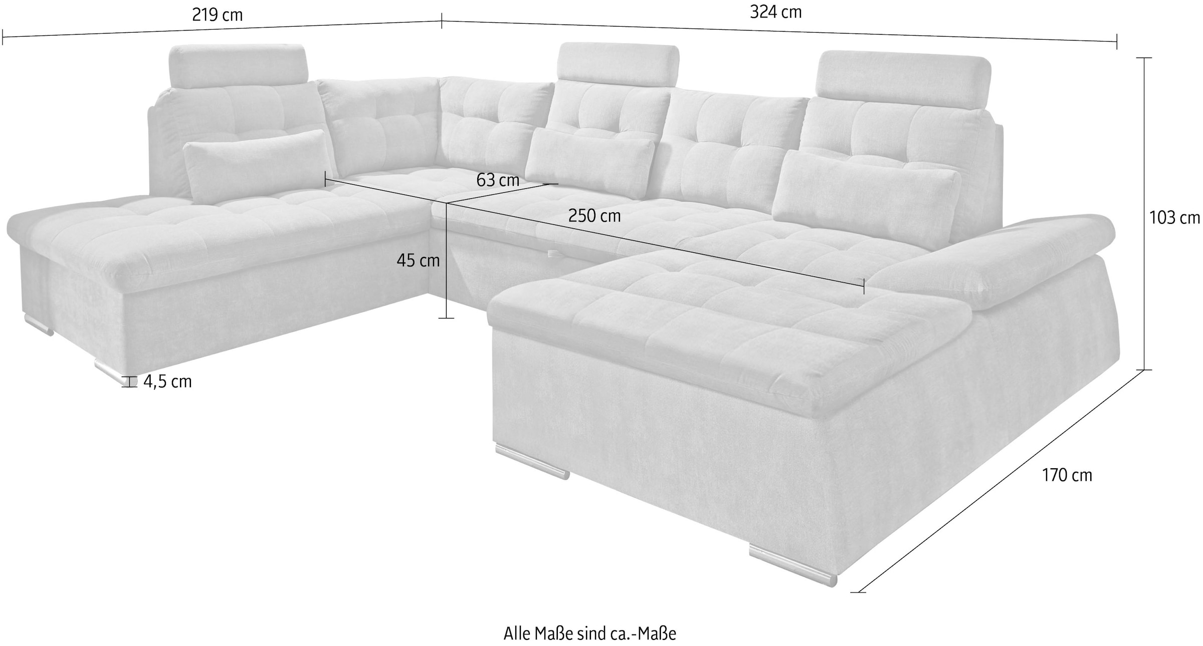 ED EXCITING DESIGN Wohnlandschaft »Nalo U-Form mit Bettfunktion, Bettkasten«, Armteilverstellung, Kopfstützen & 3 Nierenkissen
